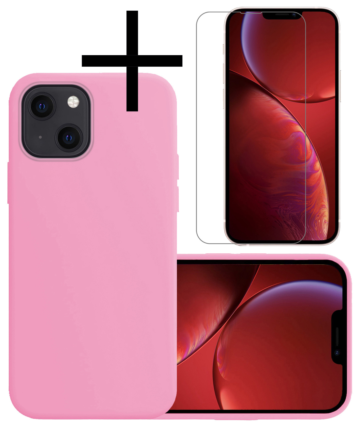 NoXx Hoes Geschikt voor iPhone 14 Hoesje Cover Siliconen Back Case Hoes Met Screenprotector - Lichtroze