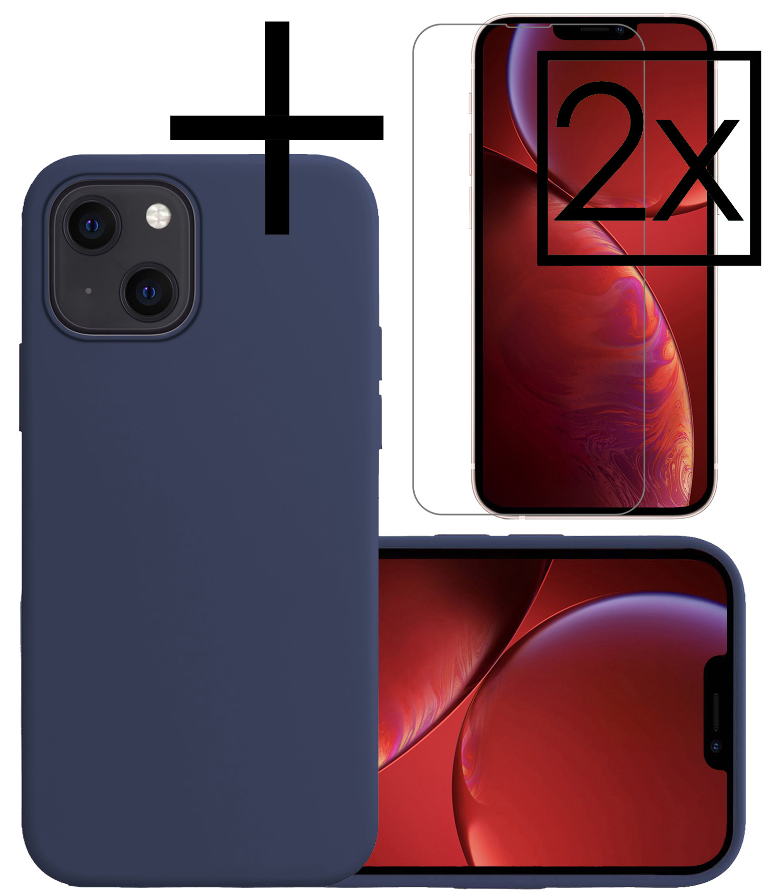 NoXx Hoes Geschikt voor iPhone 14 Hoesje Cover Siliconen Back Case Hoes Met 2x Screenprotector - Donkerblauw