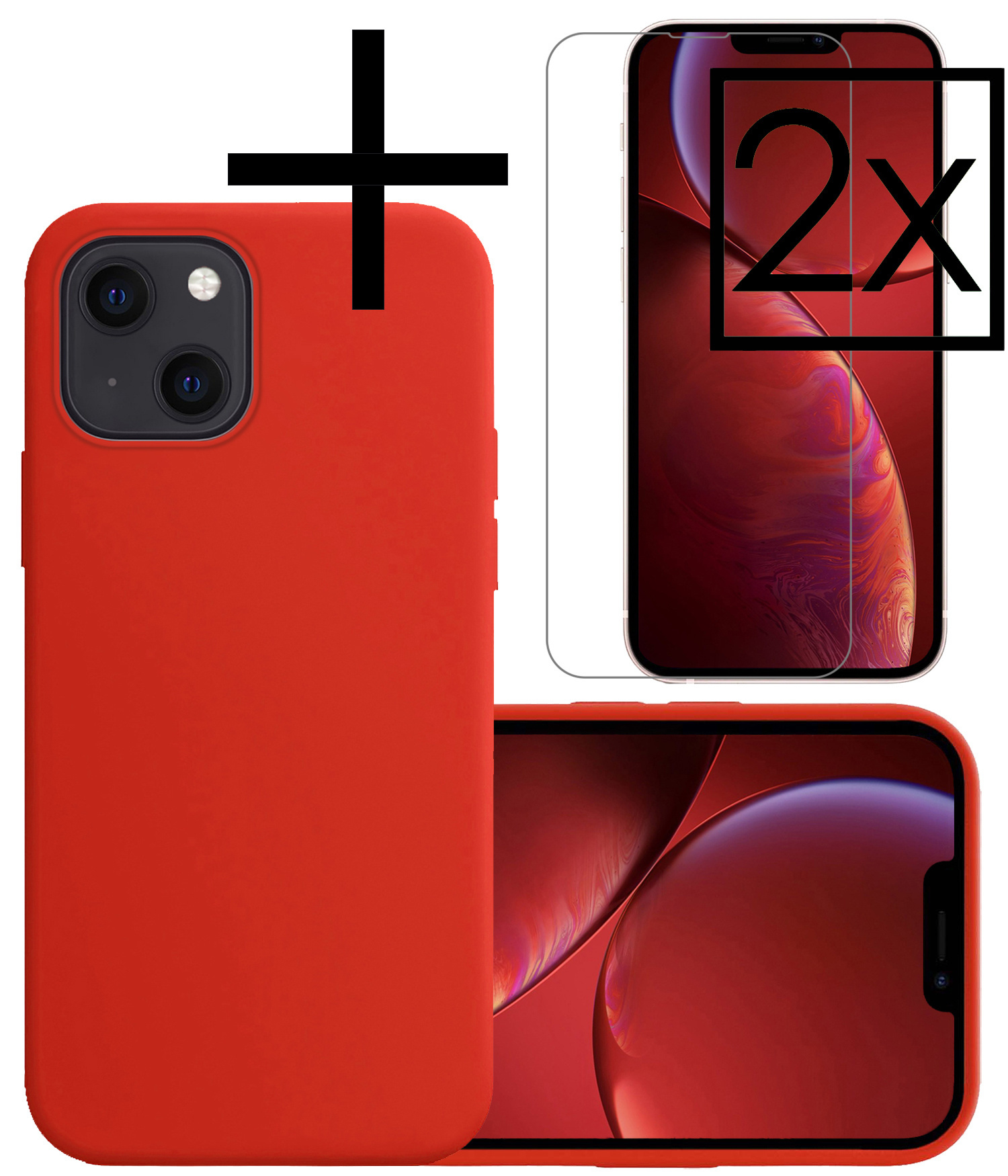 NoXx Hoes Geschikt voor iPhone 14 Hoesje Cover Siliconen Back Case Hoes Met 2x Screenprotector - Rood