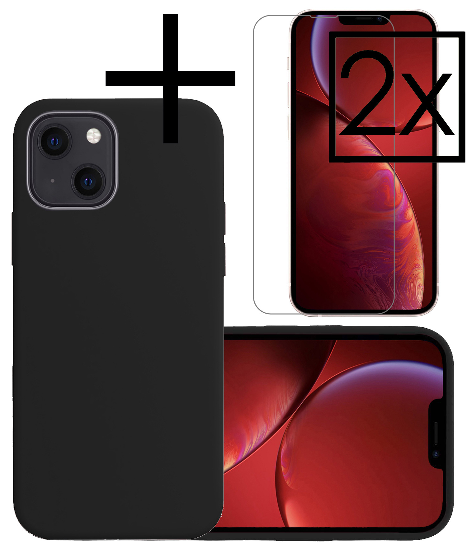 NoXx Hoes Geschikt voor iPhone 14 Hoesje Cover Siliconen Back Case Hoes Met 2x Screenprotector - Zwart
