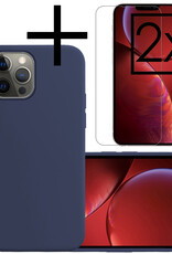 NoXx Hoes Geschikt voor iPhone 14 Pro Hoesje Cover Siliconen Back Case Hoes Met 2x Screenprotector - Donkerblauw
