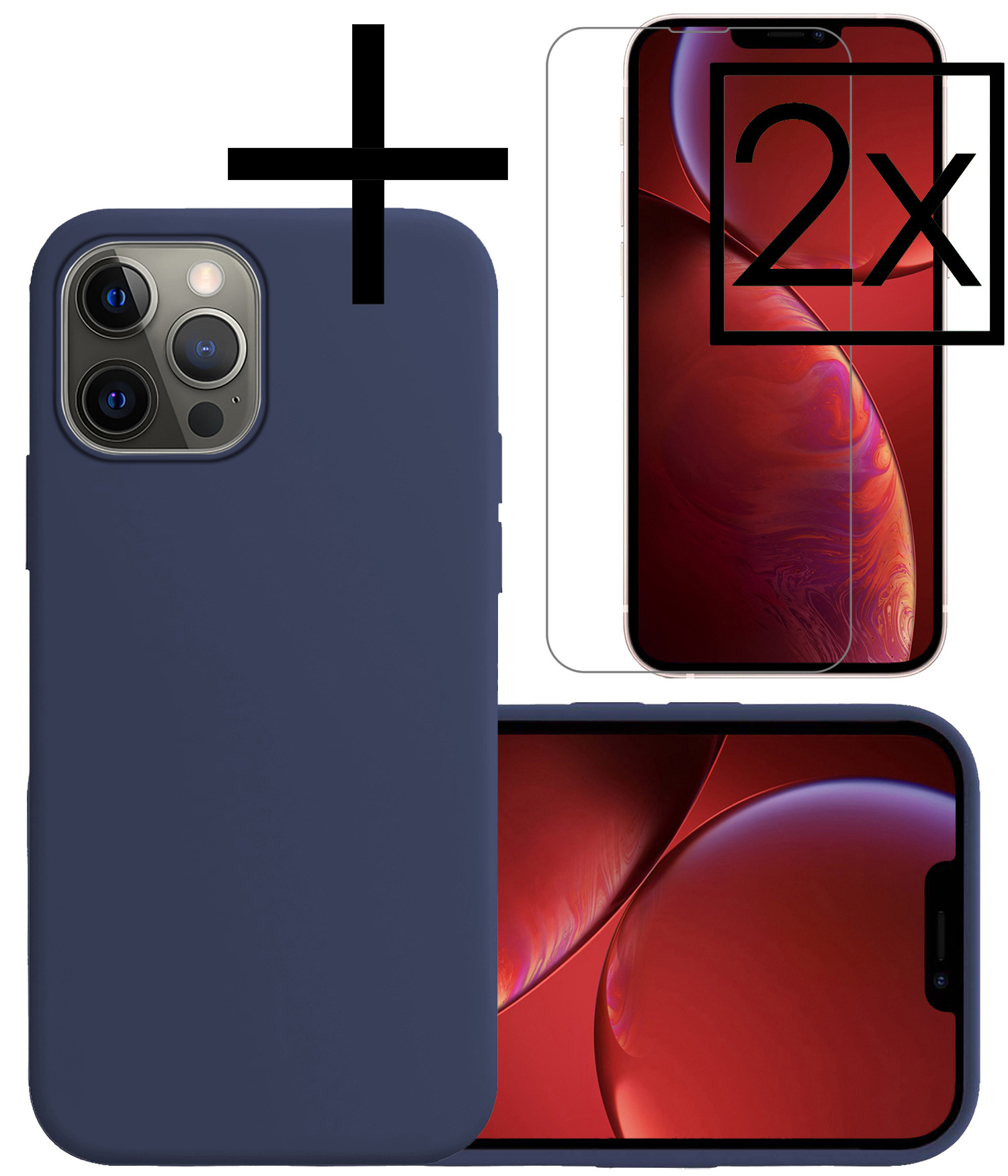 NoXx Hoes Geschikt voor iPhone 14 Pro Hoesje Cover Siliconen Back Case Hoes Met 2x Screenprotector - Donkerblauw