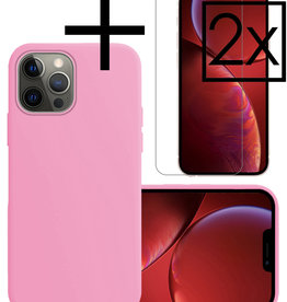 NoXx iPhone 14 Pro Hoesje Siliconen Met 2x Screenprotector Met Dichte Notch - Lichtroze
