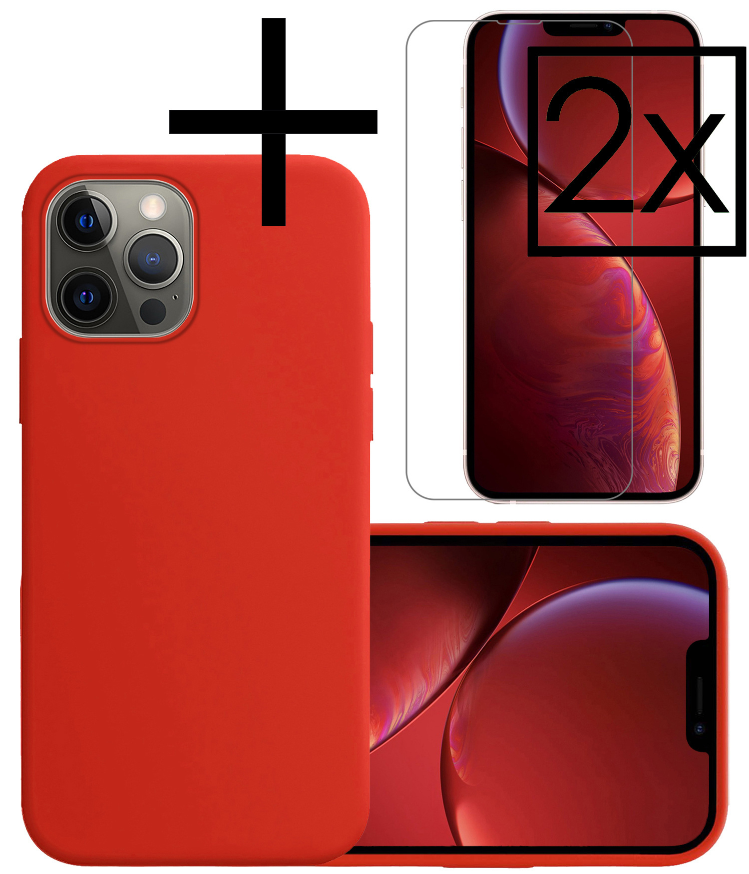 NoXx Hoes Geschikt voor iPhone 14 Pro Hoesje Cover Siliconen Back Case Hoes Met 2x Screenprotector - Rood