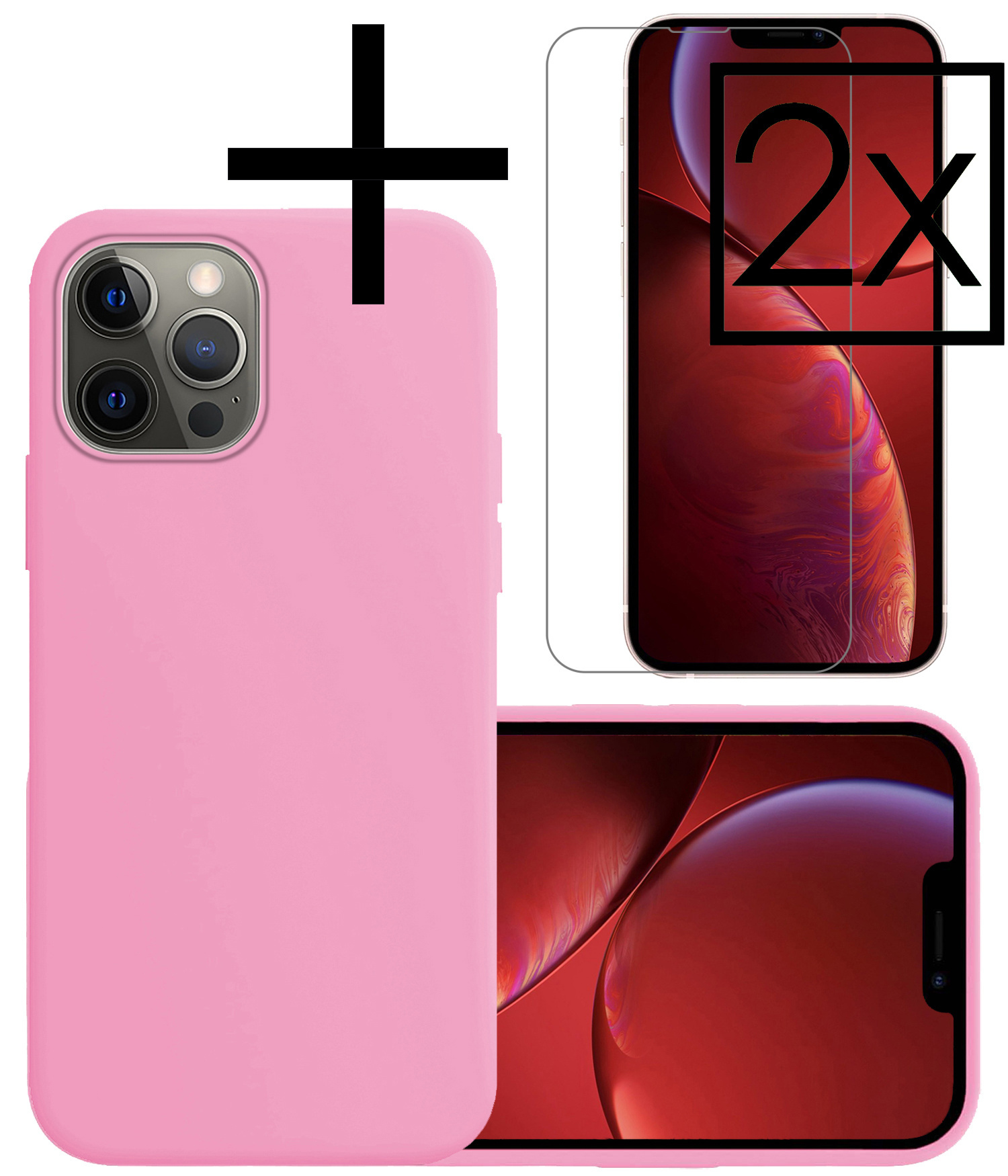 NoXx Hoes Geschikt voor iPhone 14 Pro Max Hoesje Cover Siliconen Back Case Hoes Met 2x Screenprotector - Lichtroze