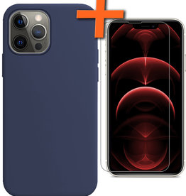 Nomfy iPhone 14 Pro Hoesje Siliconen Met Screenprotector Met Dichte Notch - Donkerblauw