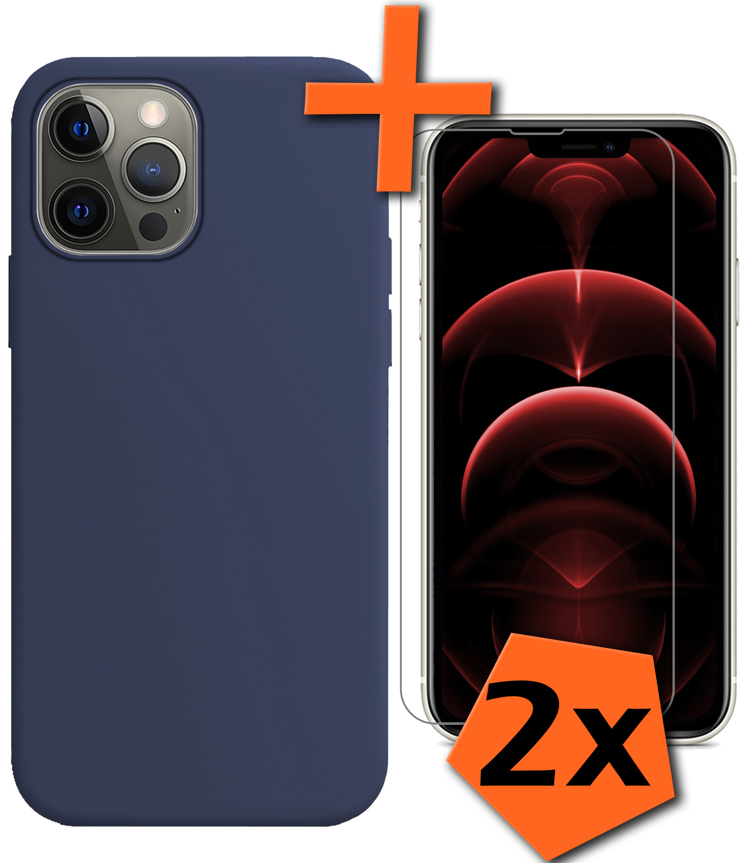 Nomfy Hoesje Geschikt voor iPhone 14 Pro Hoesje Siliconen Cover Case Met 2x Screenprotector - Hoes Geschikt voor iPhone 14 Pro Hoes Back Case - Donkerblauw