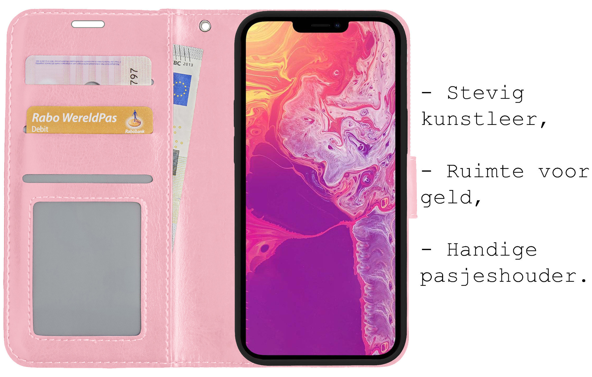 BASEY. Hoes Geschikt voor iPhone 14 Pro Hoesje Bookcase Hoes Flip Case Book Cover Met Screenprotector - Hoesje Geschikt voor iPhone 14 Pro Hoes Book Case Hoesje - Lichtroze