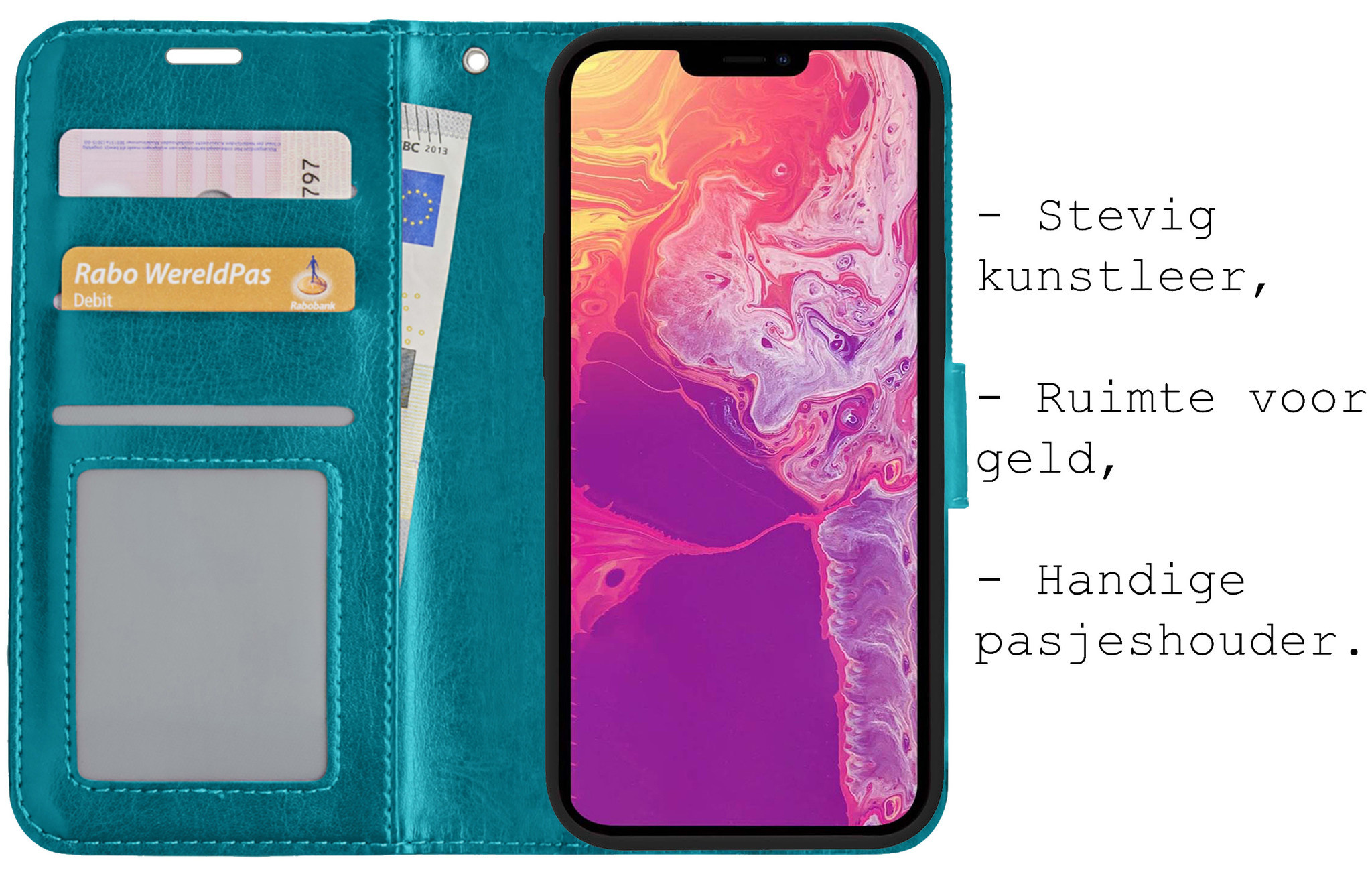 BASEY. Hoes Geschikt voor iPhone 14 Pro Max Hoesje Bookcase Hoes Flip Case Book Cover Met 2x Screenprotector - Hoesje Geschikt voor iPhone 14 Pro Max Hoes Book Case Hoesje - Turquoise