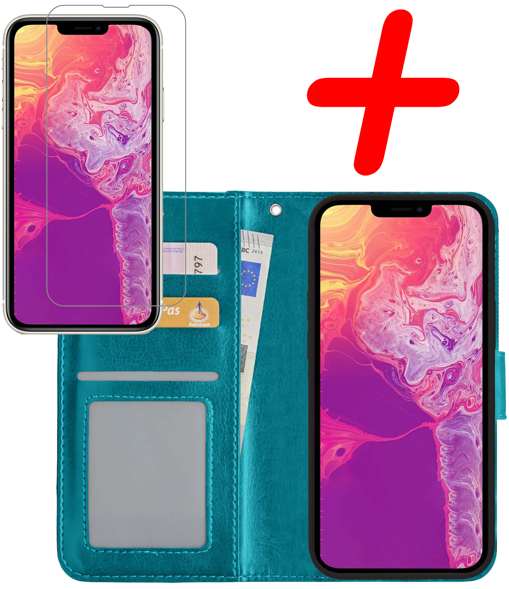 BASEY. Hoes Geschikt voor iPhone 14 Hoesje Bookcase Hoes Flip Case Book Cover Met Screenprotector - Hoesje Geschikt voor iPhone 14 Hoes Book Case Hoesje - Turquoise