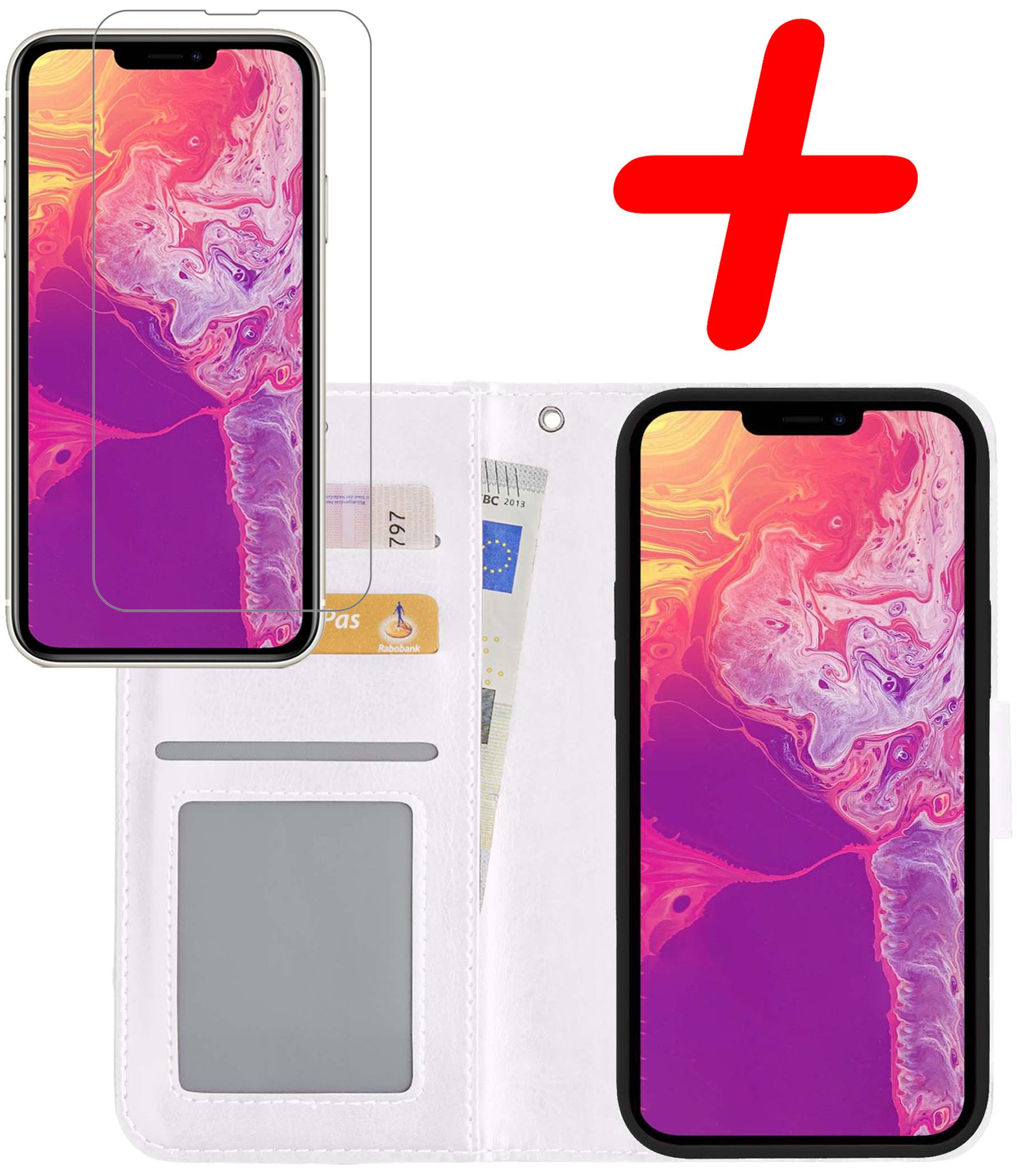 BASEY. Hoes Geschikt voor iPhone 14 Hoesje Bookcase Hoes Flip Case Book Cover Met Screenprotector - Hoesje Geschikt voor iPhone 14 Hoes Book Case Hoesje - Wit