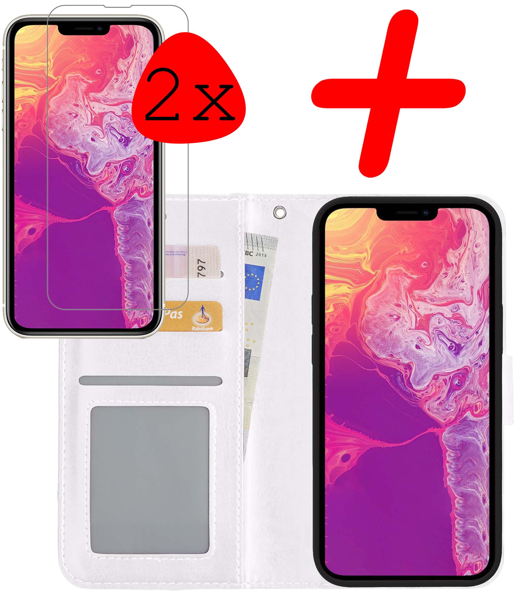 BASEY. Hoes Geschikt voor iPhone 14 Hoesje Bookcase Hoes Flip Case Book Cover Met 2x Screenprotector - Hoesje Geschikt voor iPhone 14 Hoes Book Case Hoesje - Wit