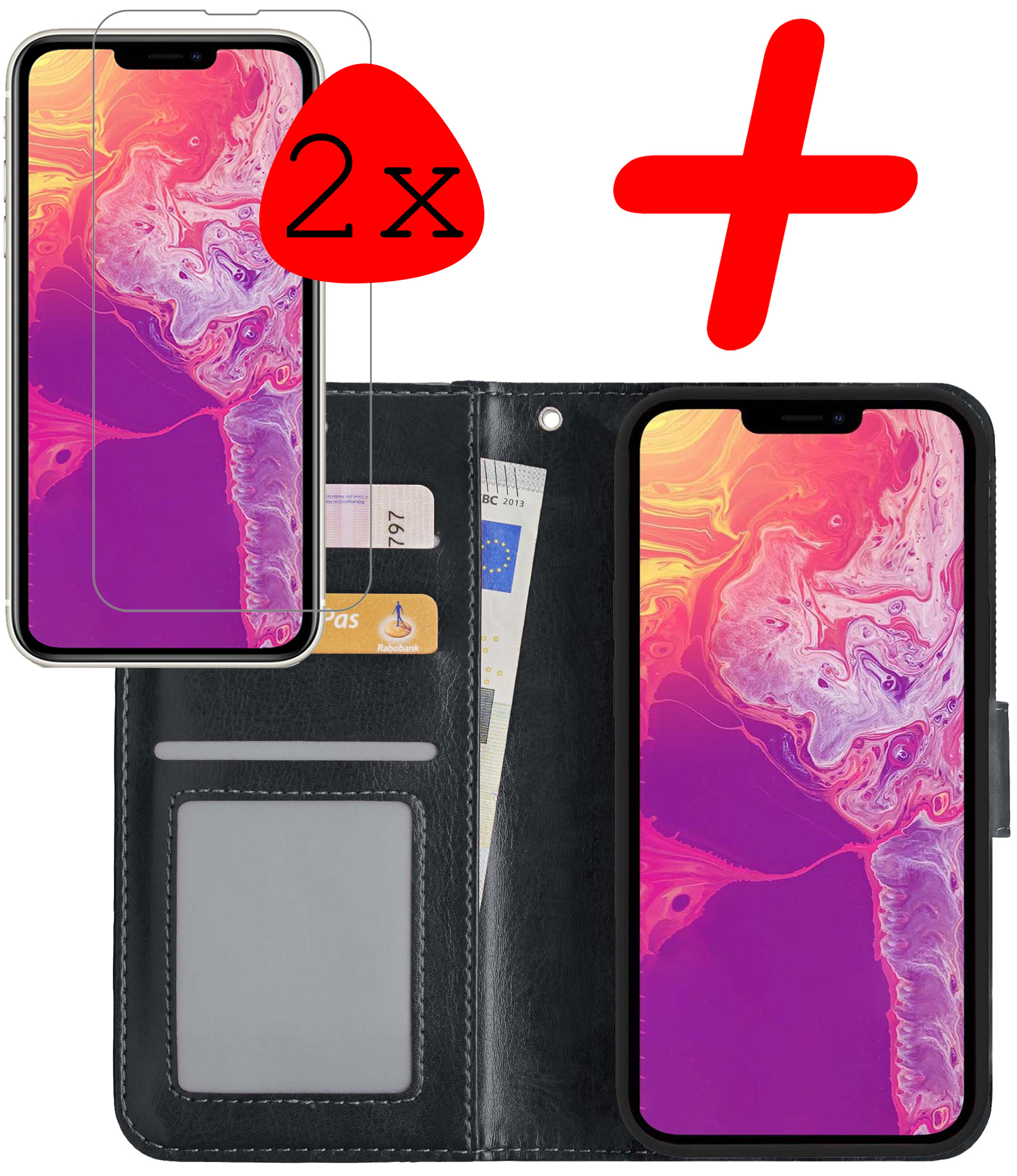 BASEY. Hoes Geschikt voor iPhone 14 Hoesje Bookcase Hoes Flip Case Book Cover Met 2x Screenprotector - Hoesje Geschikt voor iPhone 14 Hoes Book Case Hoesje - Zwart