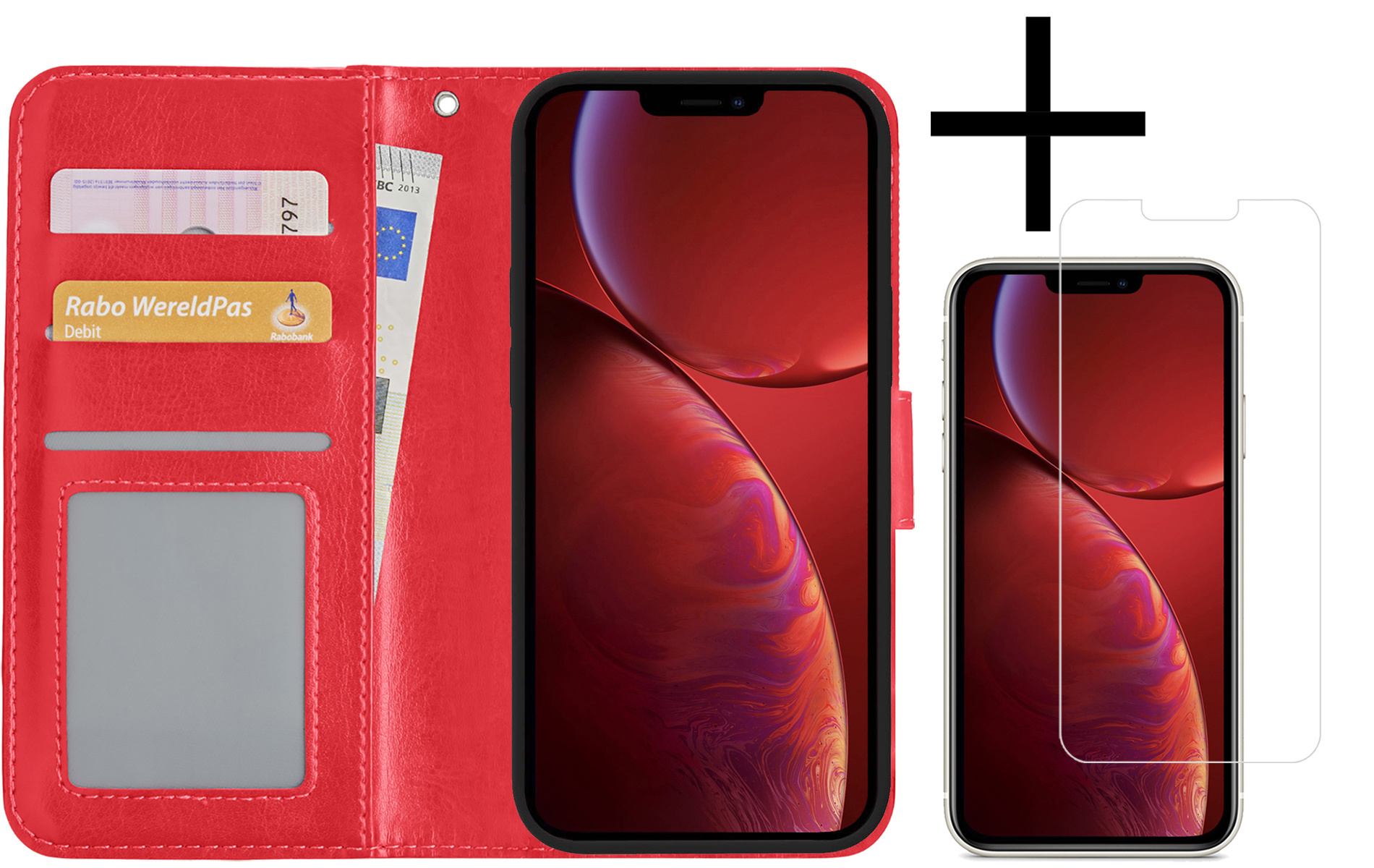 Nomfy Hoesje Geschikt voor iPhone 14 Hoes Bookcase Flipcase Book Cover Met Screenprotector - Hoes Geschikt voor iPhone 14 Hoesje Book Case - Rood