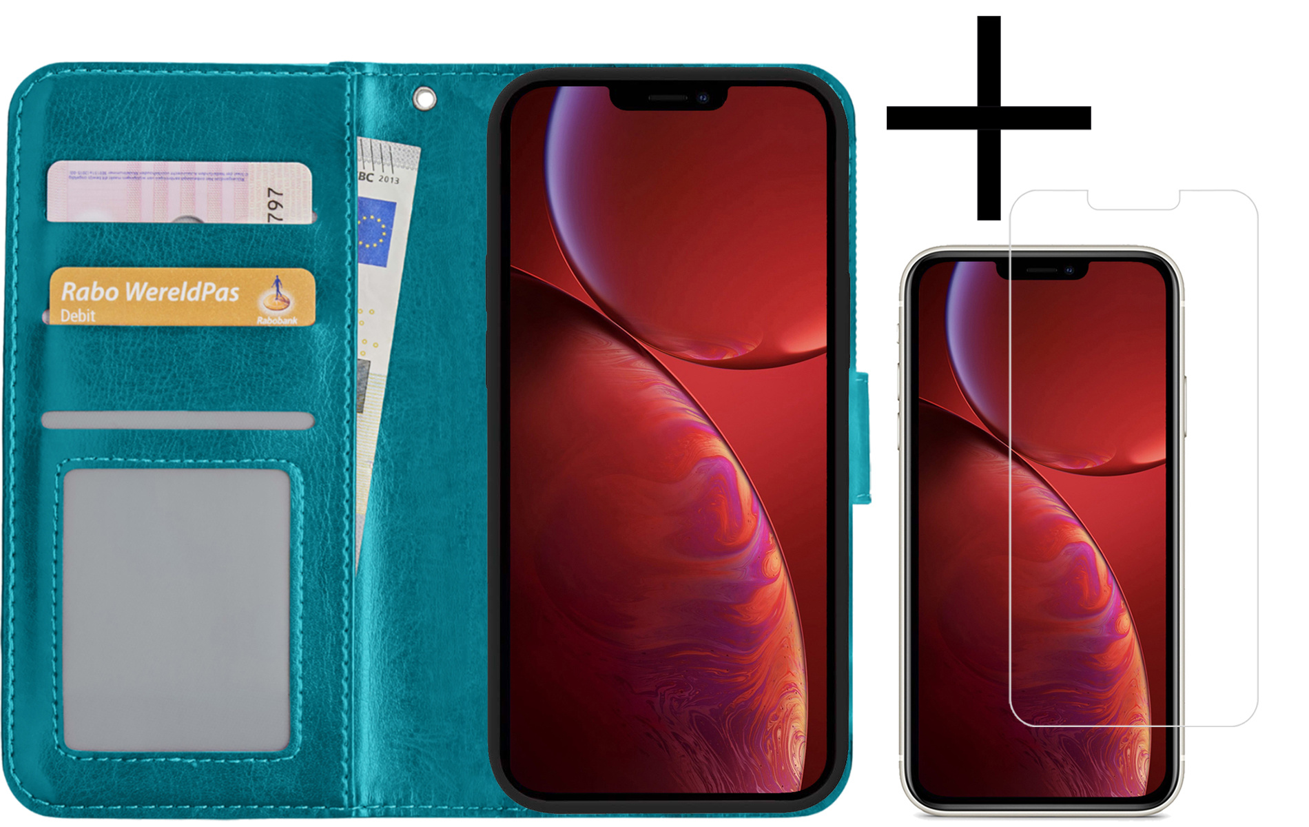 Nomfy Hoesje Geschikt voor iPhone 14 Hoes Bookcase Flipcase Book Cover Met Screenprotector - Hoes Geschikt voor iPhone 14 Hoesje Book Case - Turquoise