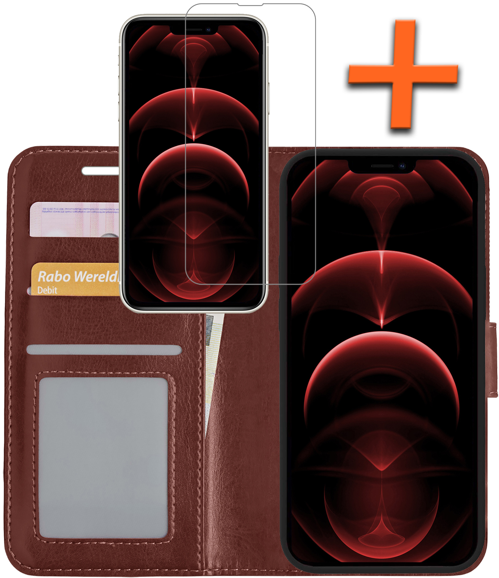 Nomfy Hoesje Geschikt voor iPhone 14 Hoes Bookcase Flipcase Book Cover Met Screenprotector - Hoes Geschikt voor iPhone 14 Hoesje Book Case - Bruin