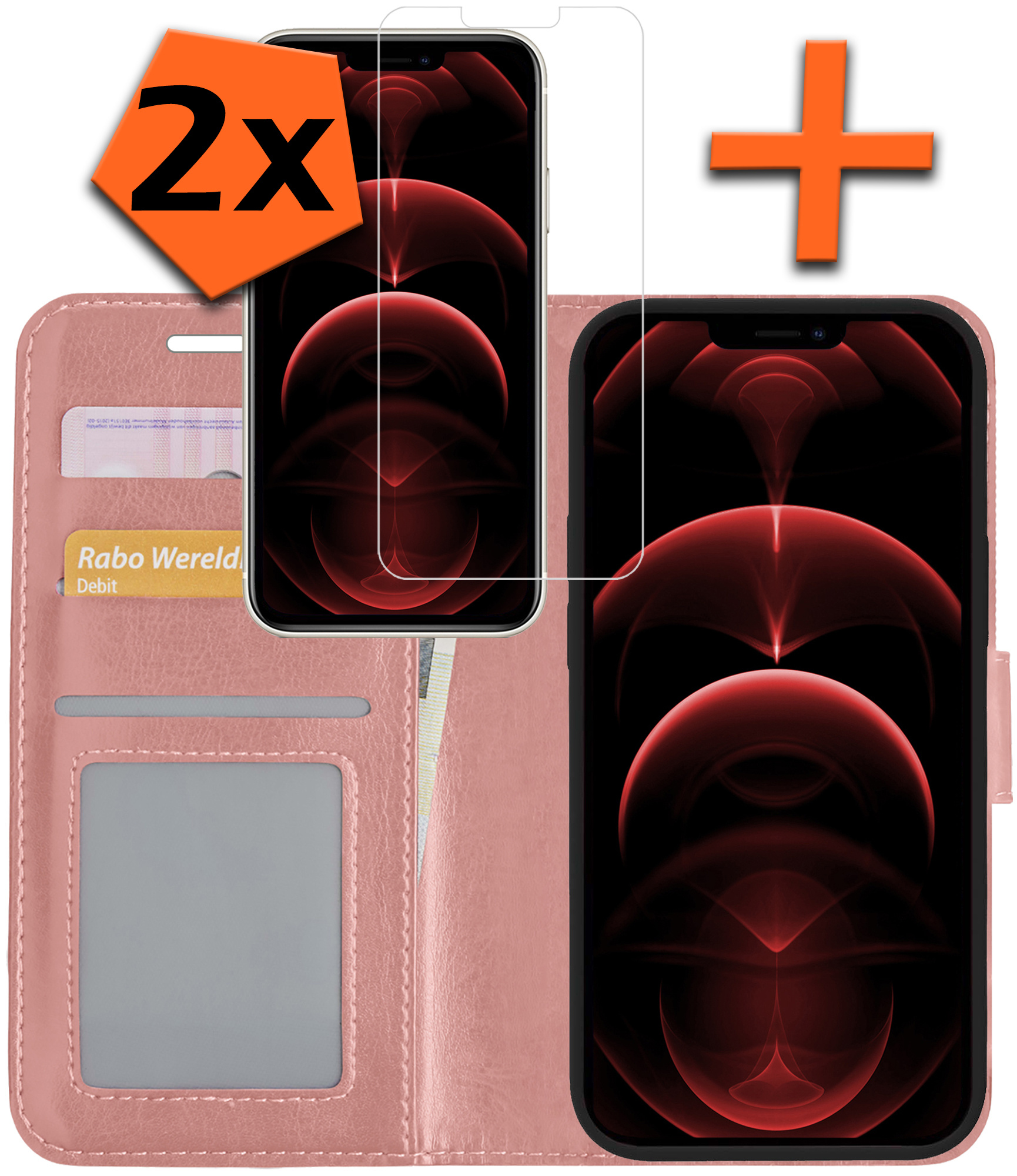 Nomfy Hoes voor iPhone 14 Pro Max Hoesje Book Case Hoes Flip Cover Bookcase 2x Met Screenprotector - Rose Goud