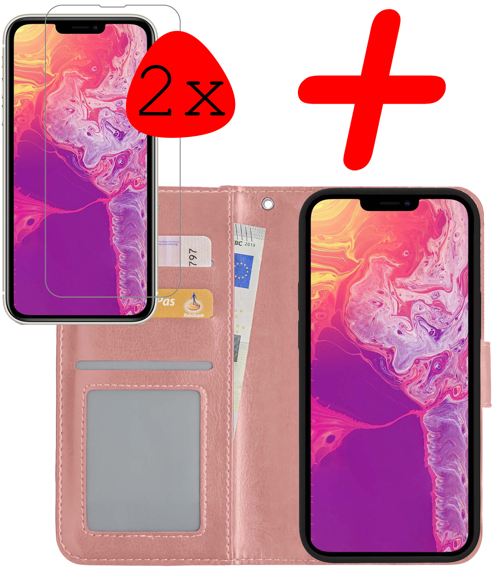 BASEY. Hoes Geschikt voor iPhone 14 Pro Max Hoesje Bookcase Hoes Flip Case Book Cover Met 2x Screenprotector - Hoesje Geschikt voor iPhone 14 Pro Max Hoes Book Case Hoesje - Rosé goud