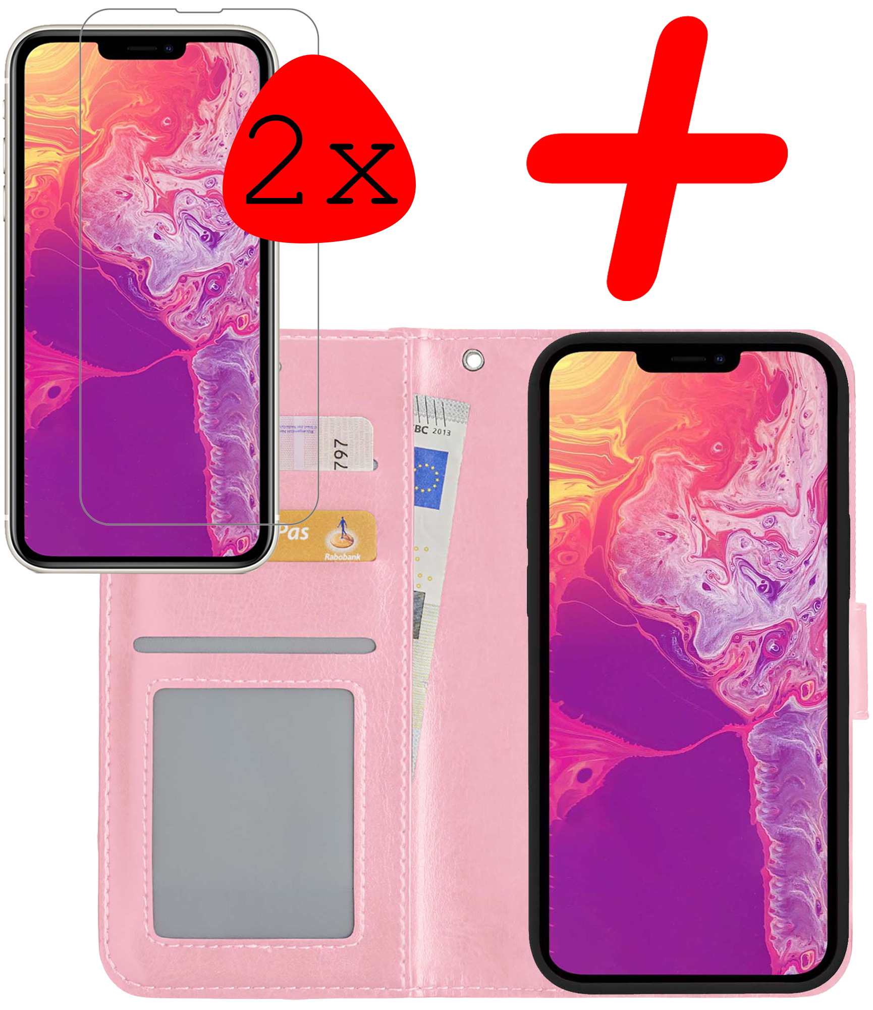 BASEY. Hoes Geschikt voor iPhone 14 Pro Max Hoesje Bookcase Hoes Flip Case Book Cover Met 2x Screenprotector - Hoesje Geschikt voor iPhone 14 Pro Max Hoes Book Case Hoesje - Lichtroze