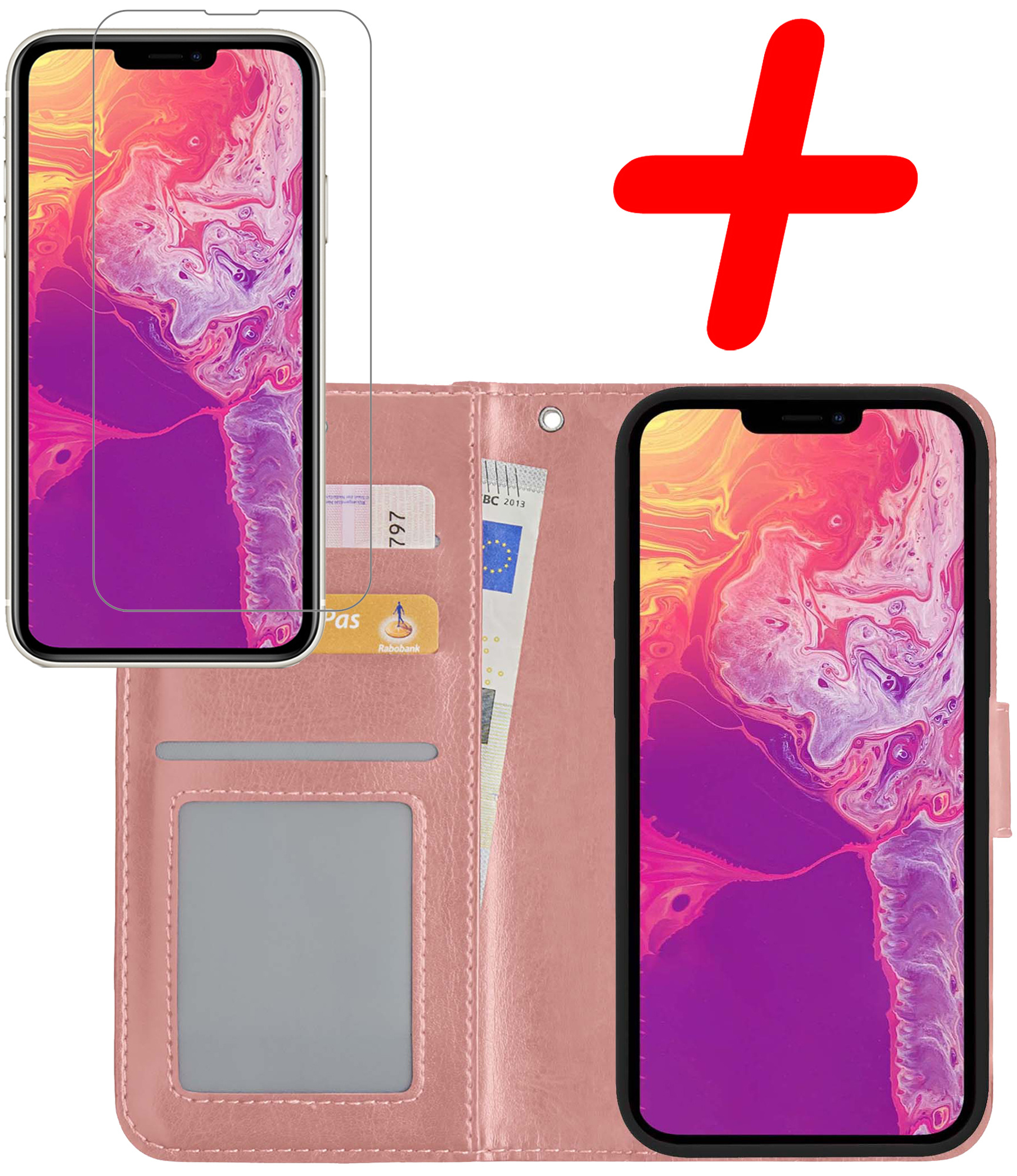 BASEY. Hoes Geschikt voor iPhone 14 Pro Max Hoesje Bookcase Hoes Flip Case Book Cover Met Screenprotector - Hoesje Geschikt voor iPhone 14 Pro Max Hoes Book Case Hoesje - Rosé goud