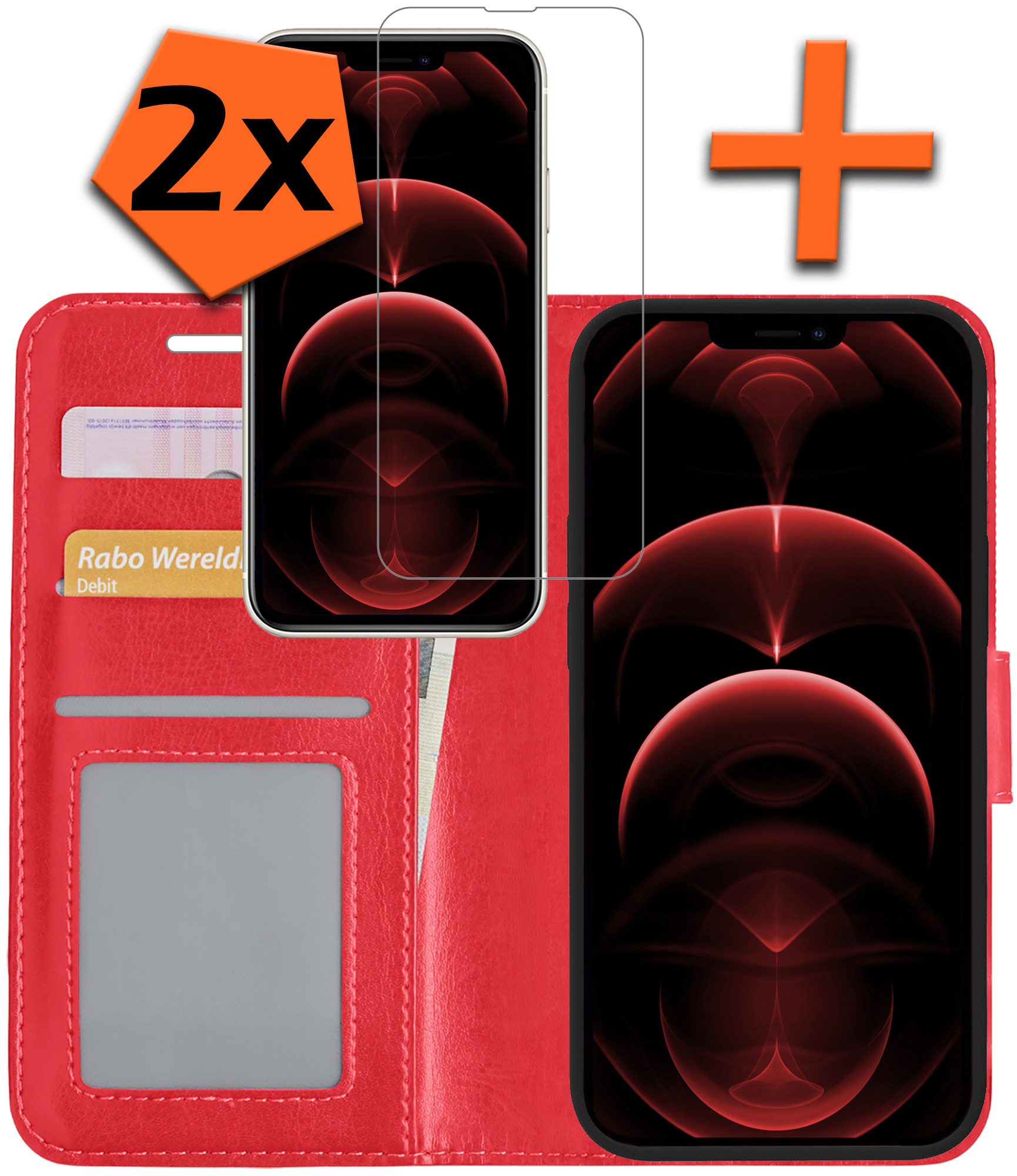 Nomfy Hoesje Geschikt voor iPhone 14 Pro Hoes Bookcase Flipcase Book Cover Met 2x Screenprotector - Hoes Geschikt voor iPhone 14 Pro Hoesje Book Case - Rood