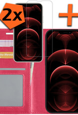 Nomfy Hoesje Geschikt voor iPhone 14 Pro Hoes Bookcase Flipcase Book Cover Met 2x Screenprotector - Hoes Geschikt voor iPhone 14 Pro Hoesje Book Case - Donkerroze