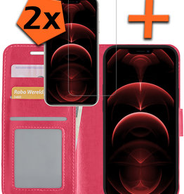 Nomfy iPhone 14 Pro Hoesje Bookcase Met 2x Screenprotector - Donkerroze