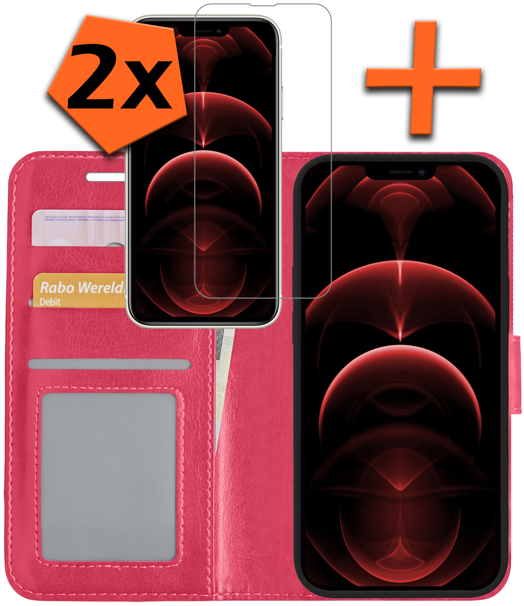 Nomfy Hoesje Geschikt voor iPhone 14 Pro Hoes Bookcase Flipcase Book Cover Met 2x Screenprotector - Hoes Geschikt voor iPhone 14 Pro Hoesje Book Case - Donkerroze