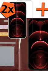 Nomfy Hoesje Geschikt voor iPhone 14 Pro Hoes Bookcase Flipcase Book Cover Met 2x Screenprotector - Hoes Geschikt voor iPhone 14 Pro Hoesje Book Case - Bruin