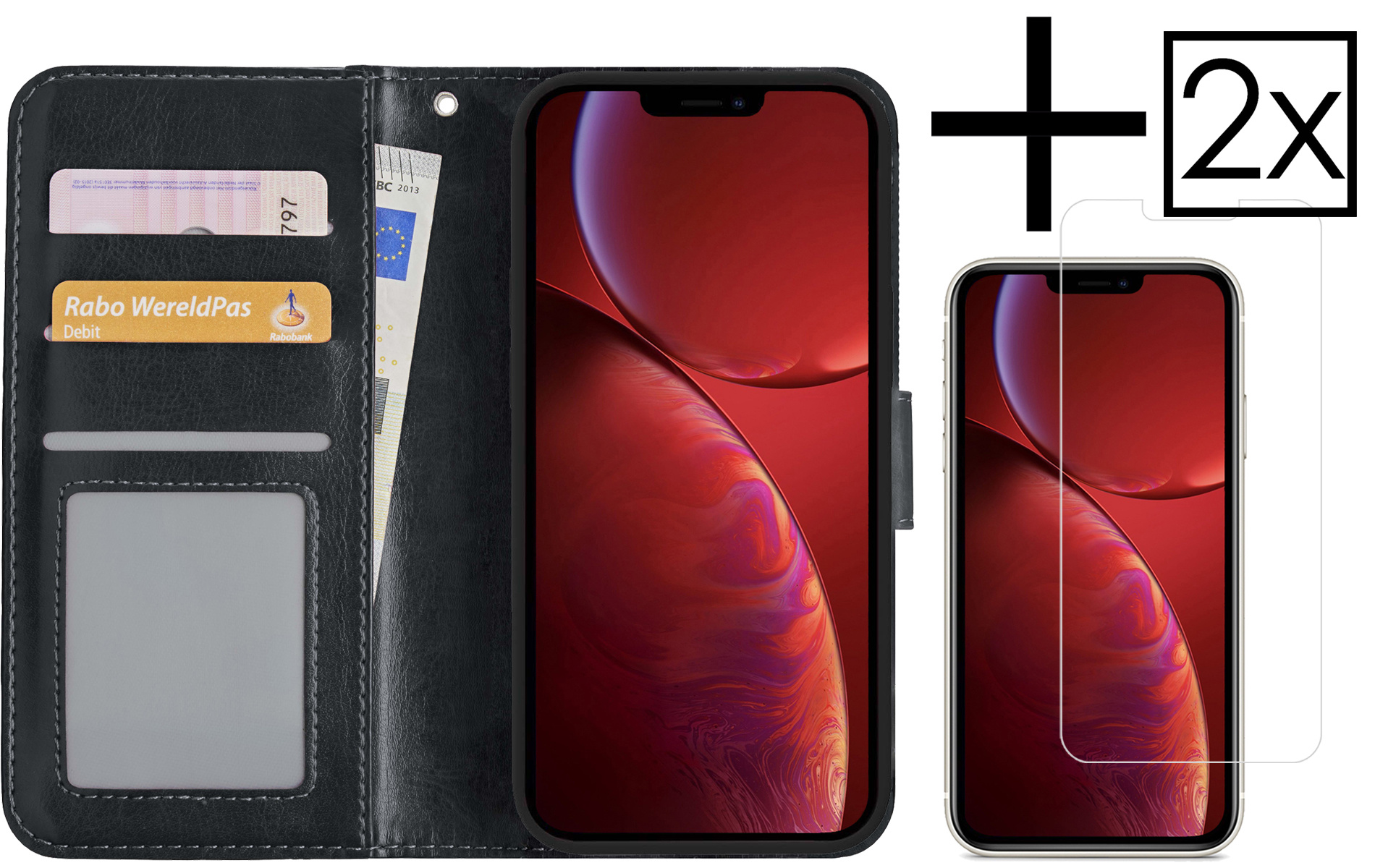 NoXx Hoes Geschikt voor iPhone 14 Pro Hoesje Book Case Hoes Flip Cover Wallet Bookcase Met 2x Screenprotector - Zwart