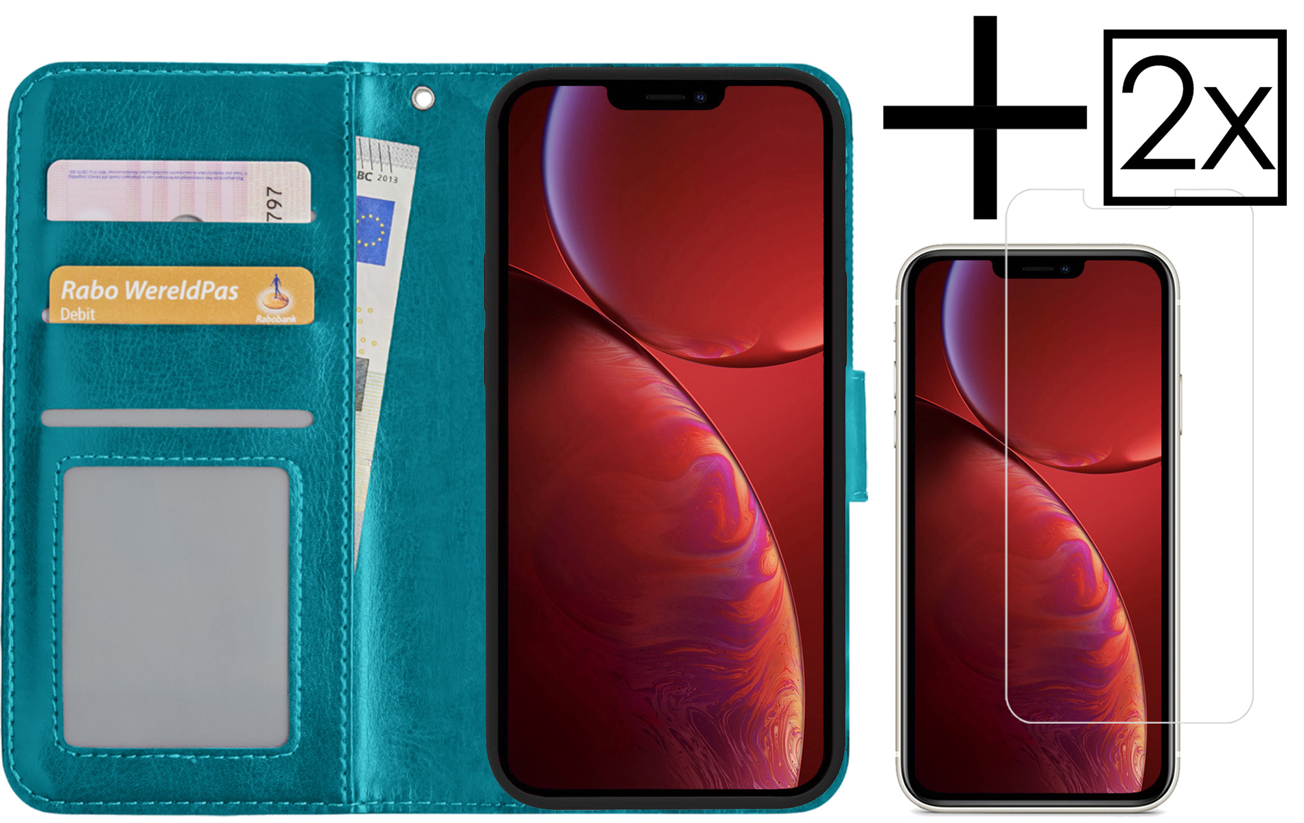 NoXx Hoes Geschikt voor iPhone 14 Pro Hoesje Book Case Hoes Flip Cover Wallet Bookcase Met 2x Screenprotector - Turquoise
