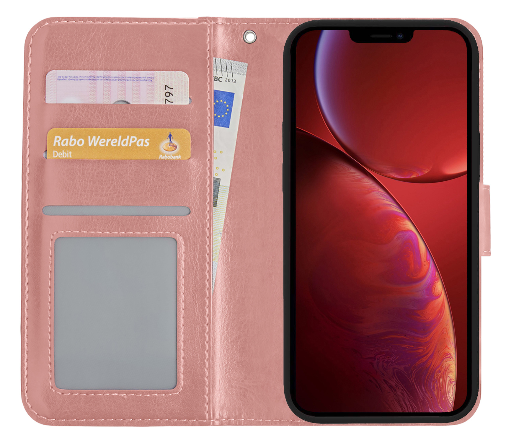 NoXx Hoes Geschikt voor iPhone 14 Pro Hoesje Book Case Hoes Flip Cover Wallet Bookcase Met 2x Screenprotector - Rosé goud