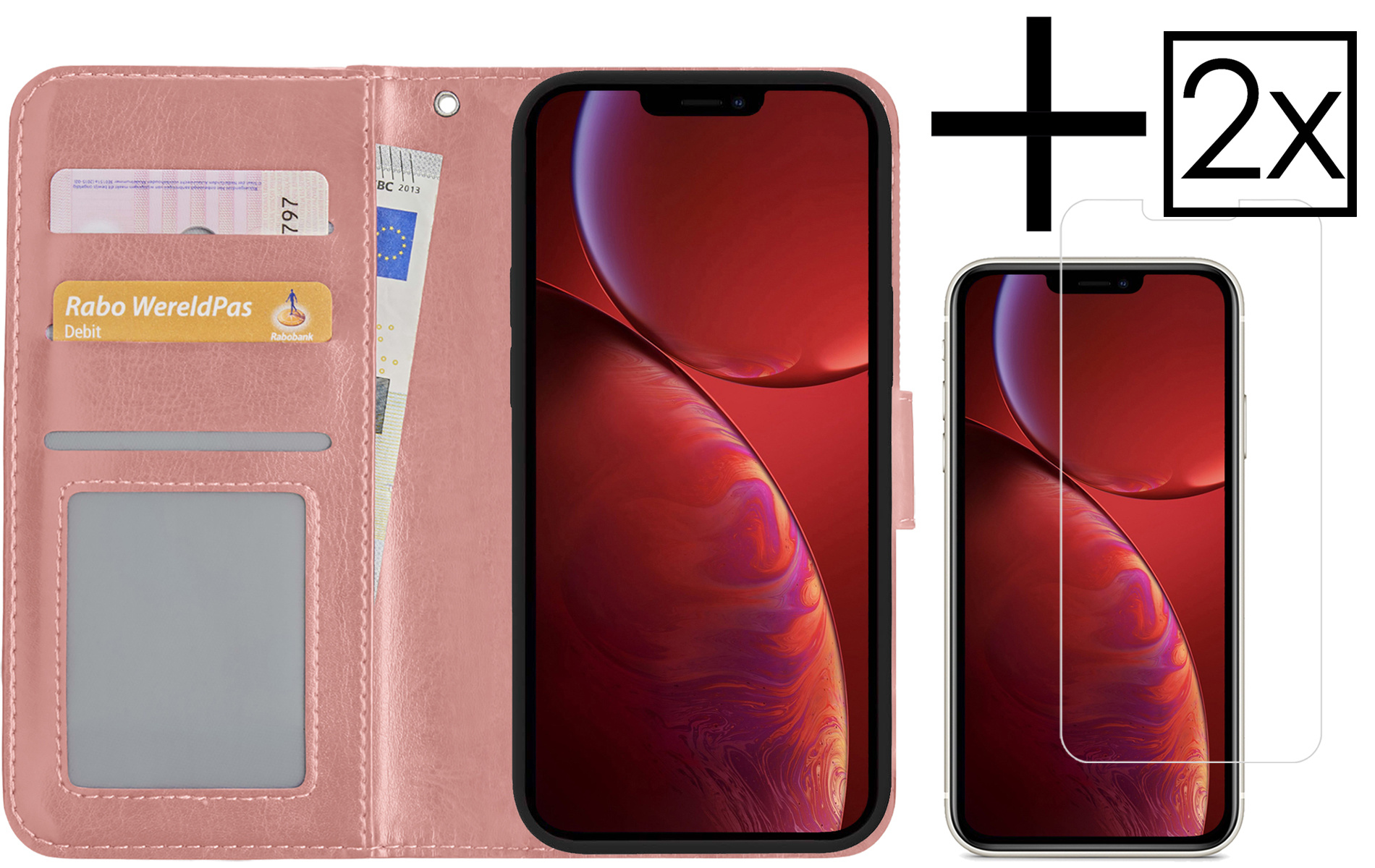 NoXx Hoes Geschikt voor iPhone 14 Pro Hoesje Book Case Hoes Flip Cover Wallet Bookcase Met 2x Screenprotector - Rosé goud