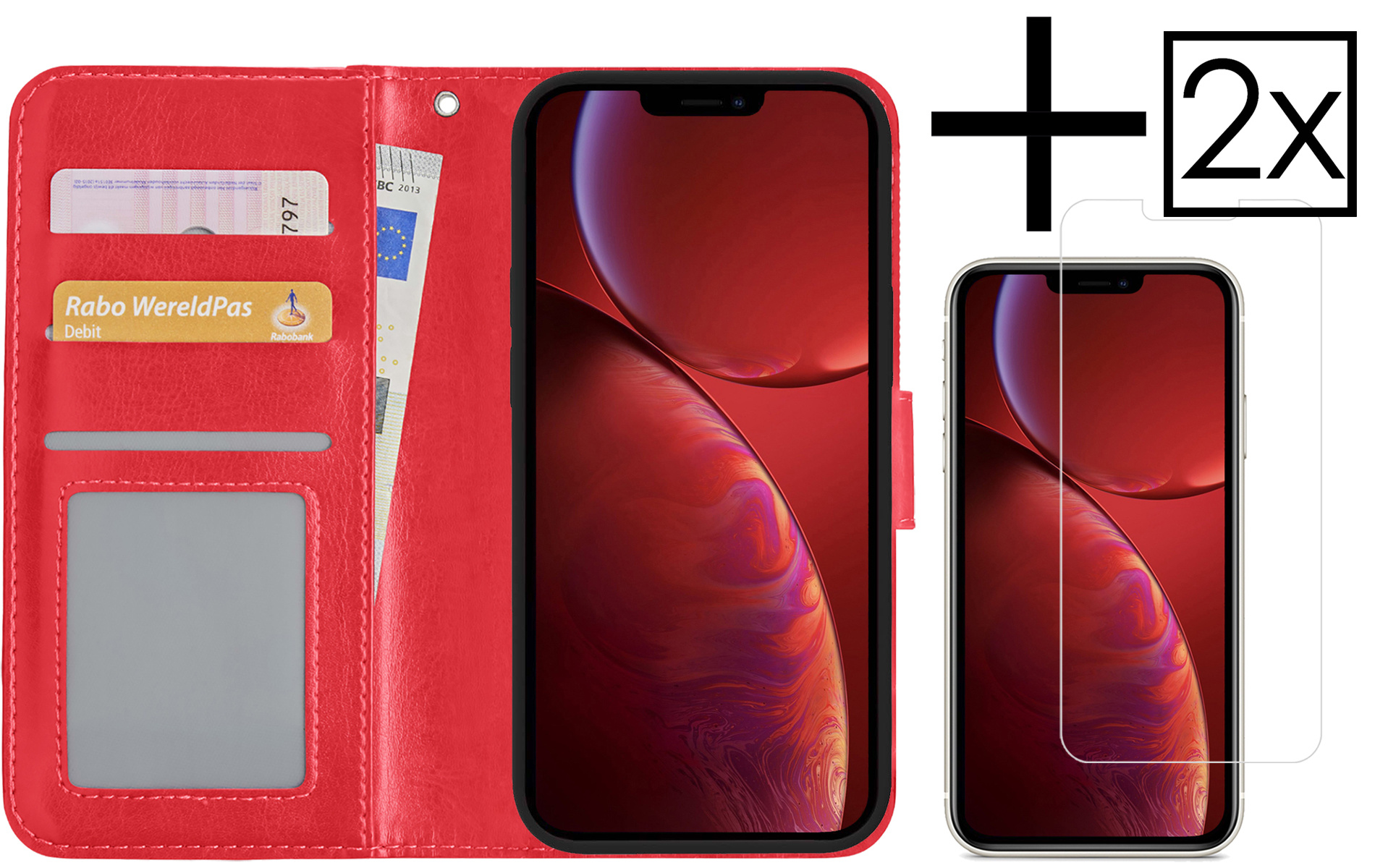 NoXx Hoes Geschikt voor iPhone 14 Pro Hoesje Book Case Hoes Flip Cover Wallet Bookcase Met 2x Screenprotector - Rood