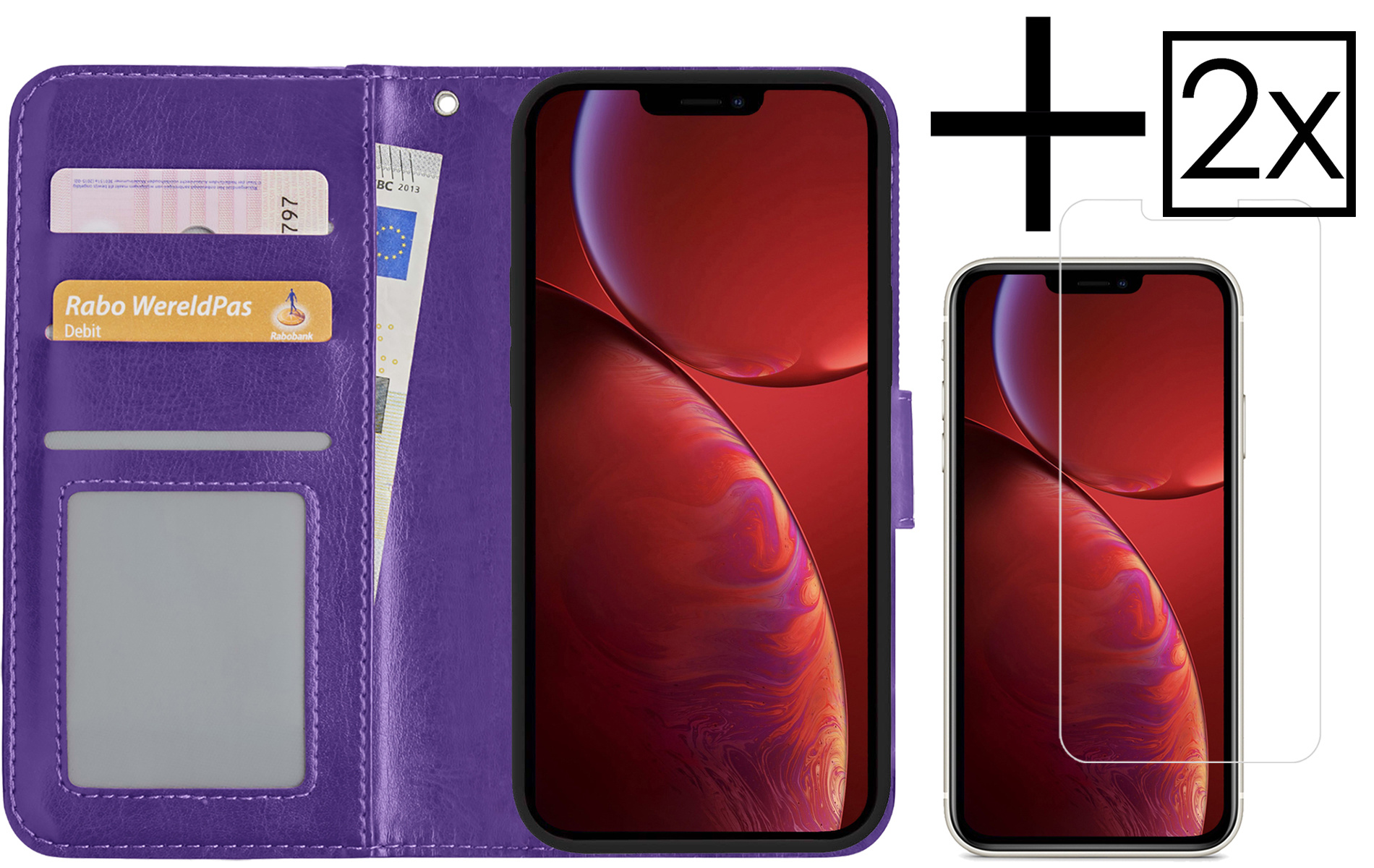 NoXx Hoes Geschikt voor iPhone 14 Pro Hoesje Book Case Hoes Flip Cover Wallet Bookcase Met 2x Screenprotector - Paars