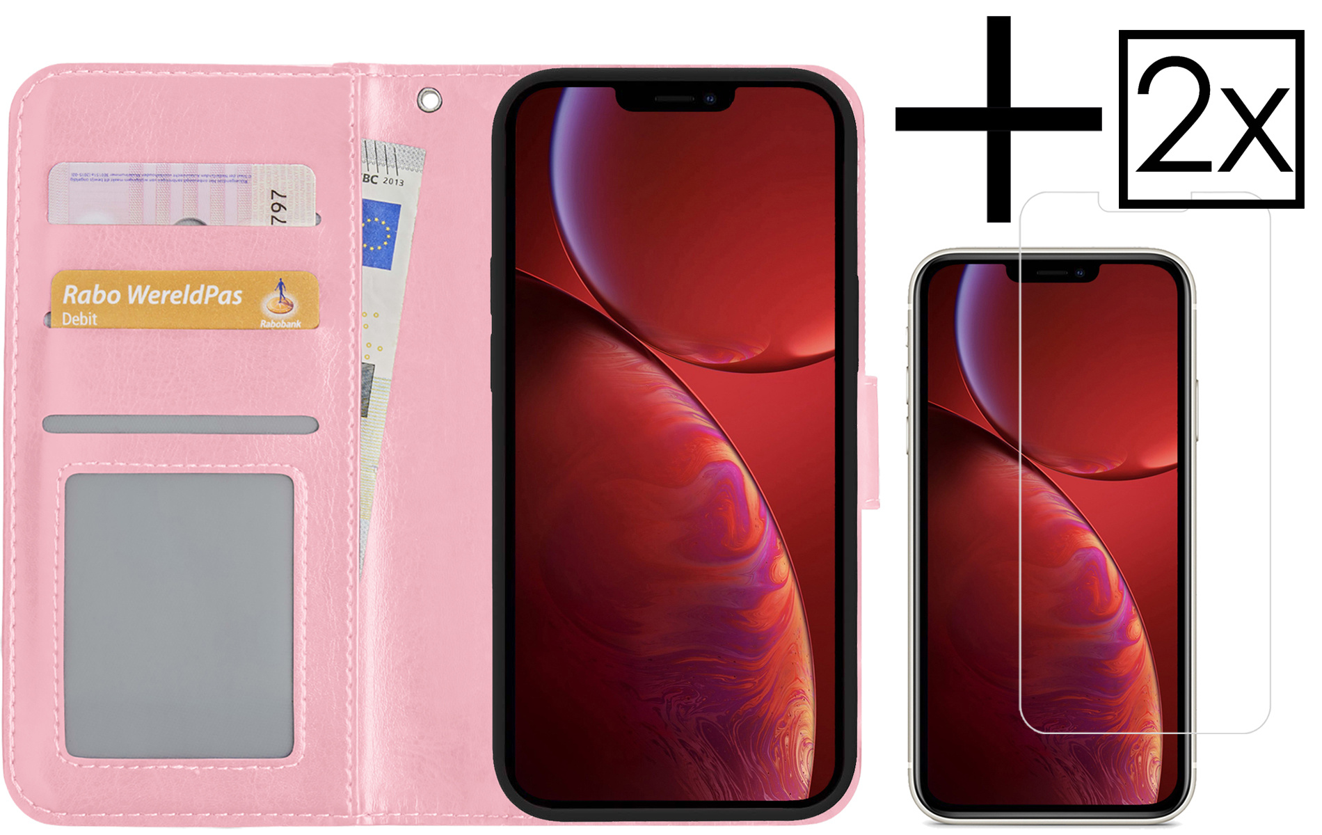 NoXx Hoes Geschikt voor iPhone 14 Pro Hoesje Book Case Hoes Flip Cover Wallet Bookcase Met 2x Screenprotector - Lichtroze