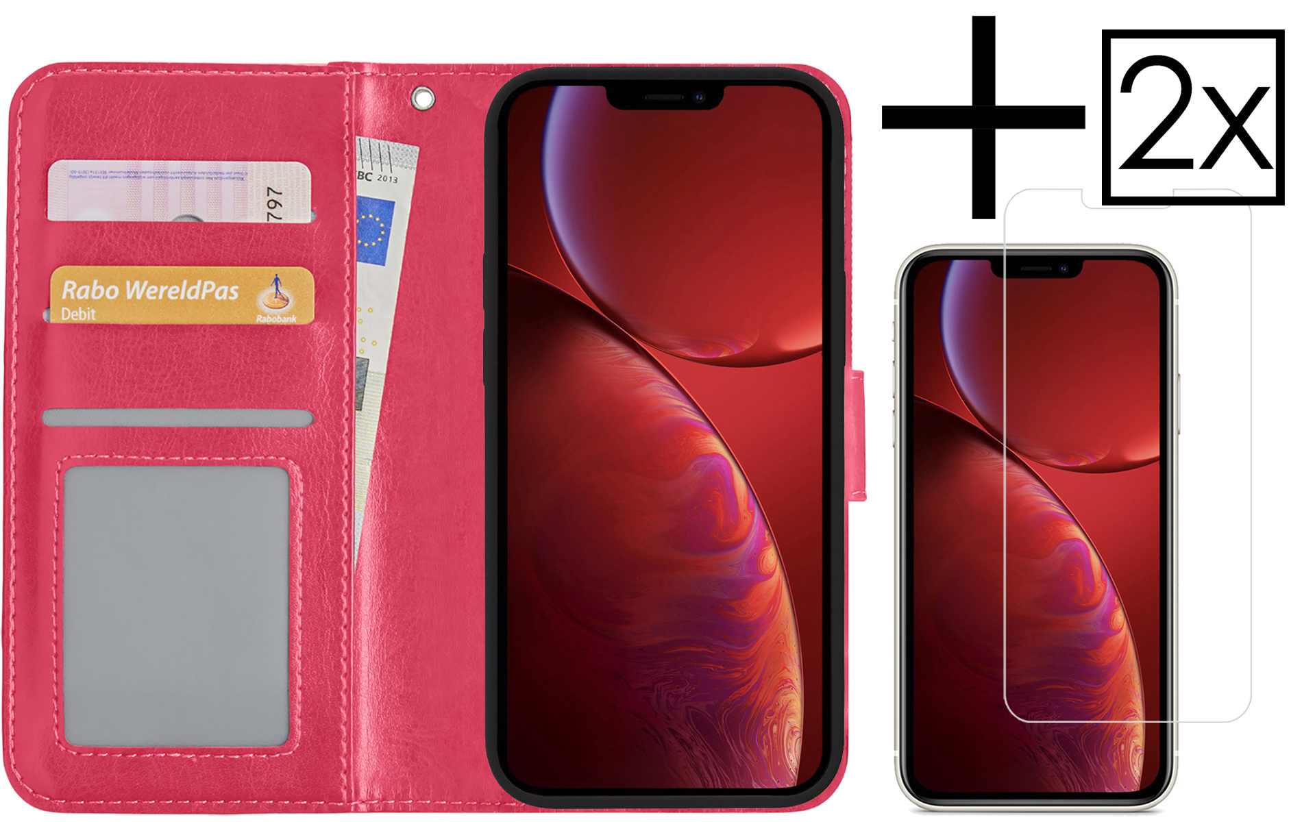 NoXx Hoes Geschikt voor iPhone 14 Pro Hoesje Book Case Hoes Flip Cover Wallet Bookcase Met 2x Screenprotector - Donkerroze
