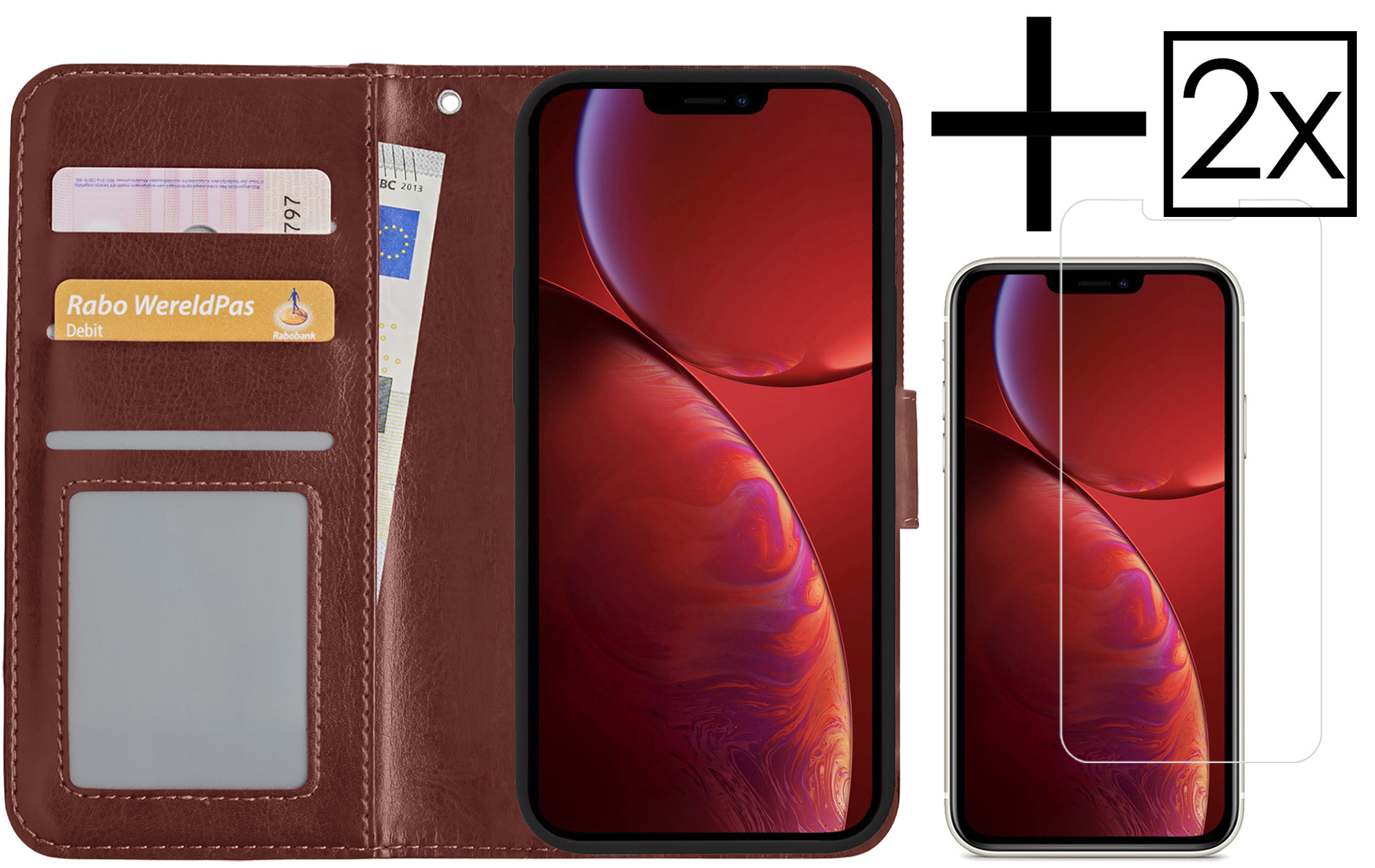 NoXx Hoes Geschikt voor iPhone 14 Pro Hoesje Book Case Hoes Flip Cover Wallet Bookcase Met 2x Screenprotector - Bruin
