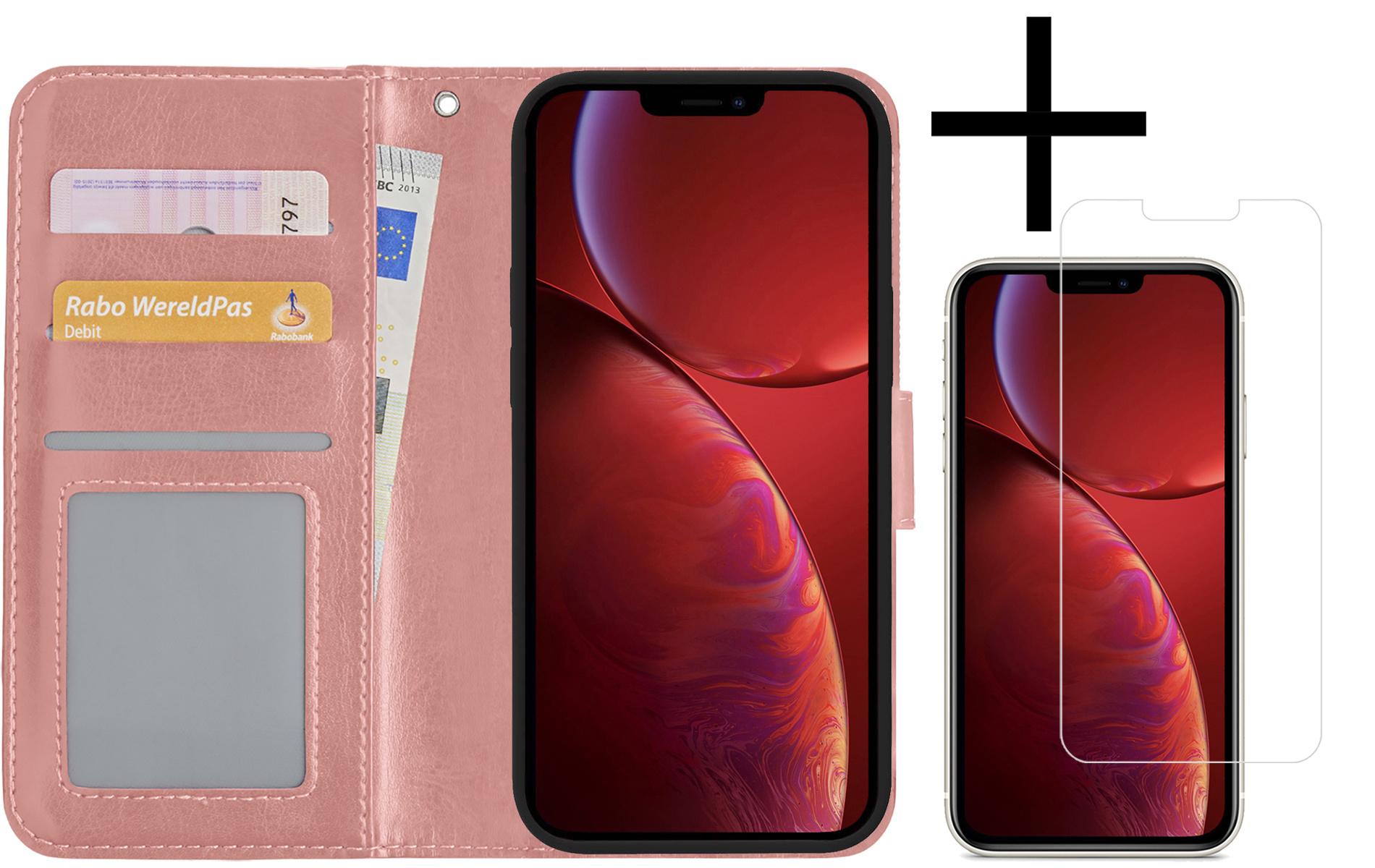 NoXx Hoes Geschikt voor iPhone 14 Pro Hoesje Book Case Hoes Flip Cover Wallet Bookcase Met Screenprotector - Rosé goud