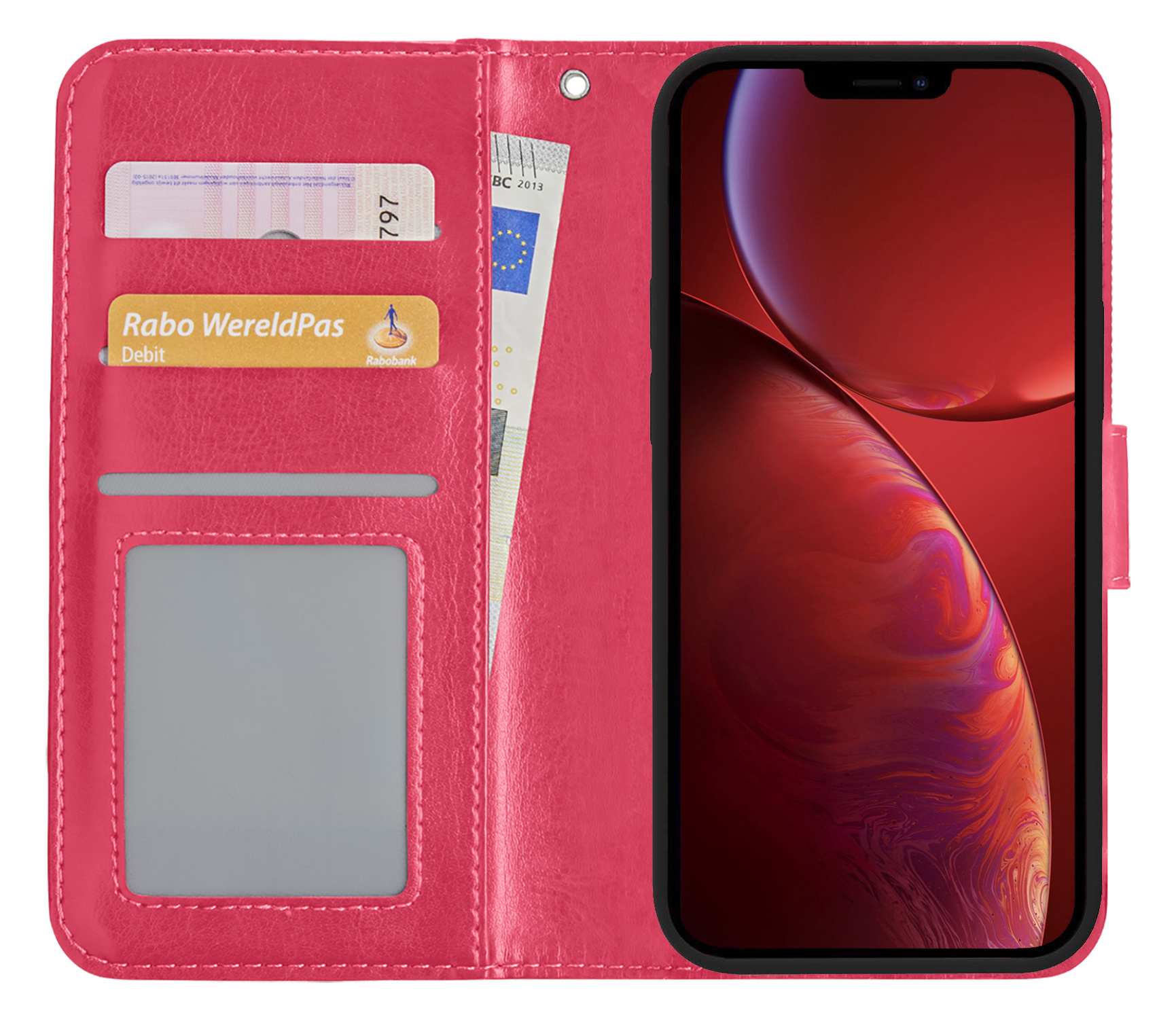 NoXx Hoes Geschikt voor iPhone 14 Pro Hoesje Book Case Hoes Flip Cover Wallet Bookcase Met Screenprotector - Donkerroze