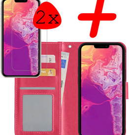 BASEY. iPhone 14 Pro Hoesje Bookcase Met 2x Screenprotector - Donkerroze