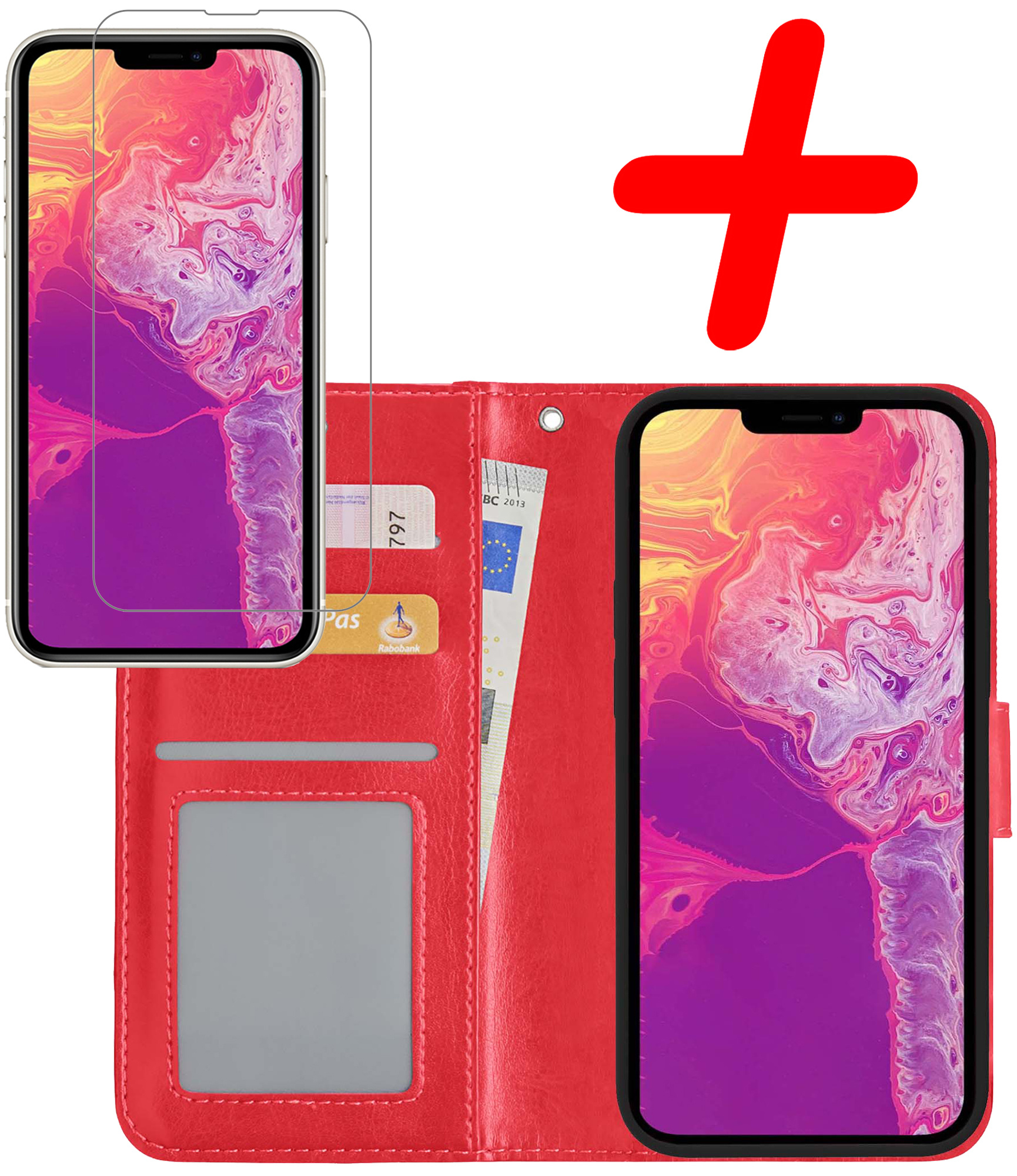 BASEY. Hoes Geschikt voor iPhone 14 Pro Hoesje Bookcase Hoes Flip Case Book Cover Met Screenprotector - Hoesje Geschikt voor iPhone 14 Pro Hoes Book Case Hoesje - Rood