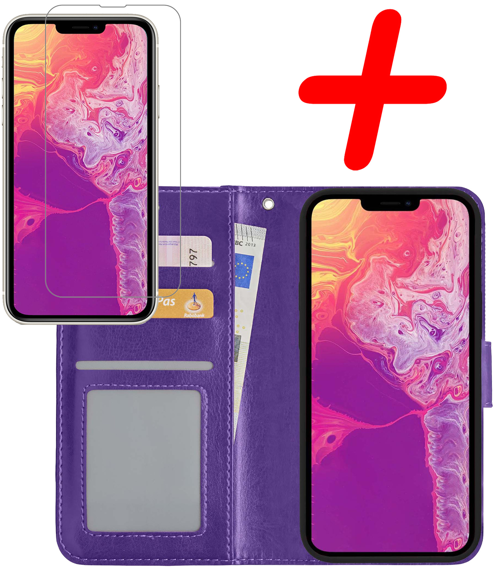 BASEY. Hoes Geschikt voor iPhone 14 Pro Hoesje Bookcase Hoes Flip Case Book Cover Met Screenprotector - Hoesje Geschikt voor iPhone 14 Pro Hoes Book Case Hoesje - Paars