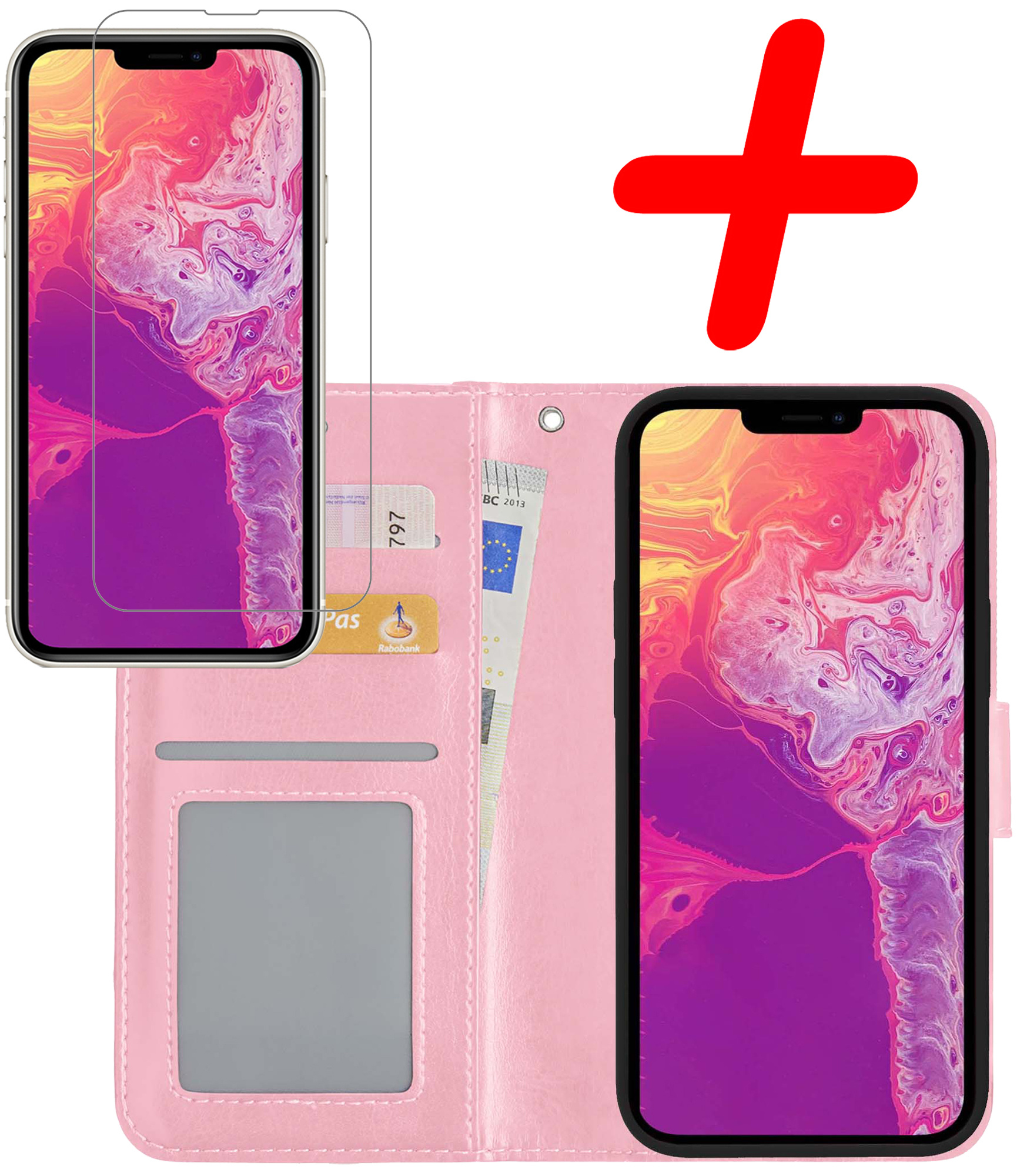 BASEY. Hoes Geschikt voor iPhone 14 Pro Hoesje Bookcase Hoes Flip Case Book Cover Met Screenprotector - Hoesje Geschikt voor iPhone 14 Pro Hoes Book Case Hoesje - Lichtroze
