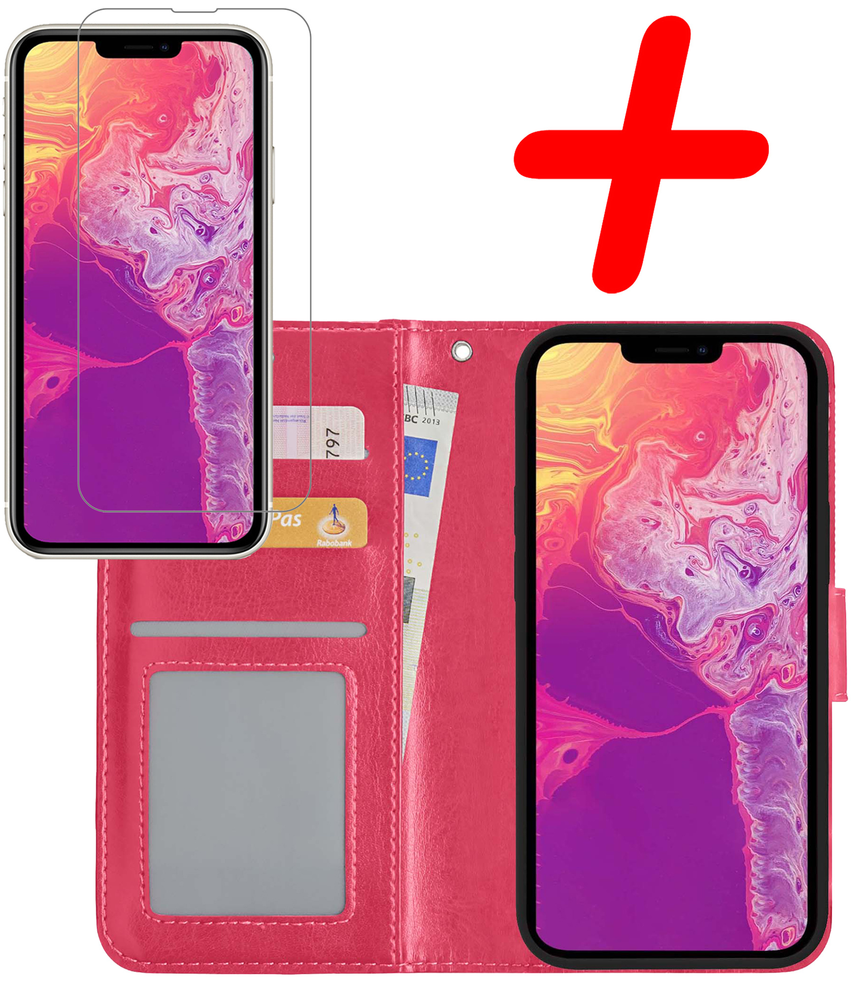 BASEY. Hoes Geschikt voor iPhone 14 Pro Hoesje Bookcase Hoes Flip Case Book Cover Met Screenprotector - Hoesje Geschikt voor iPhone 14 Pro Hoes Book Case Hoesje - Donkerroze