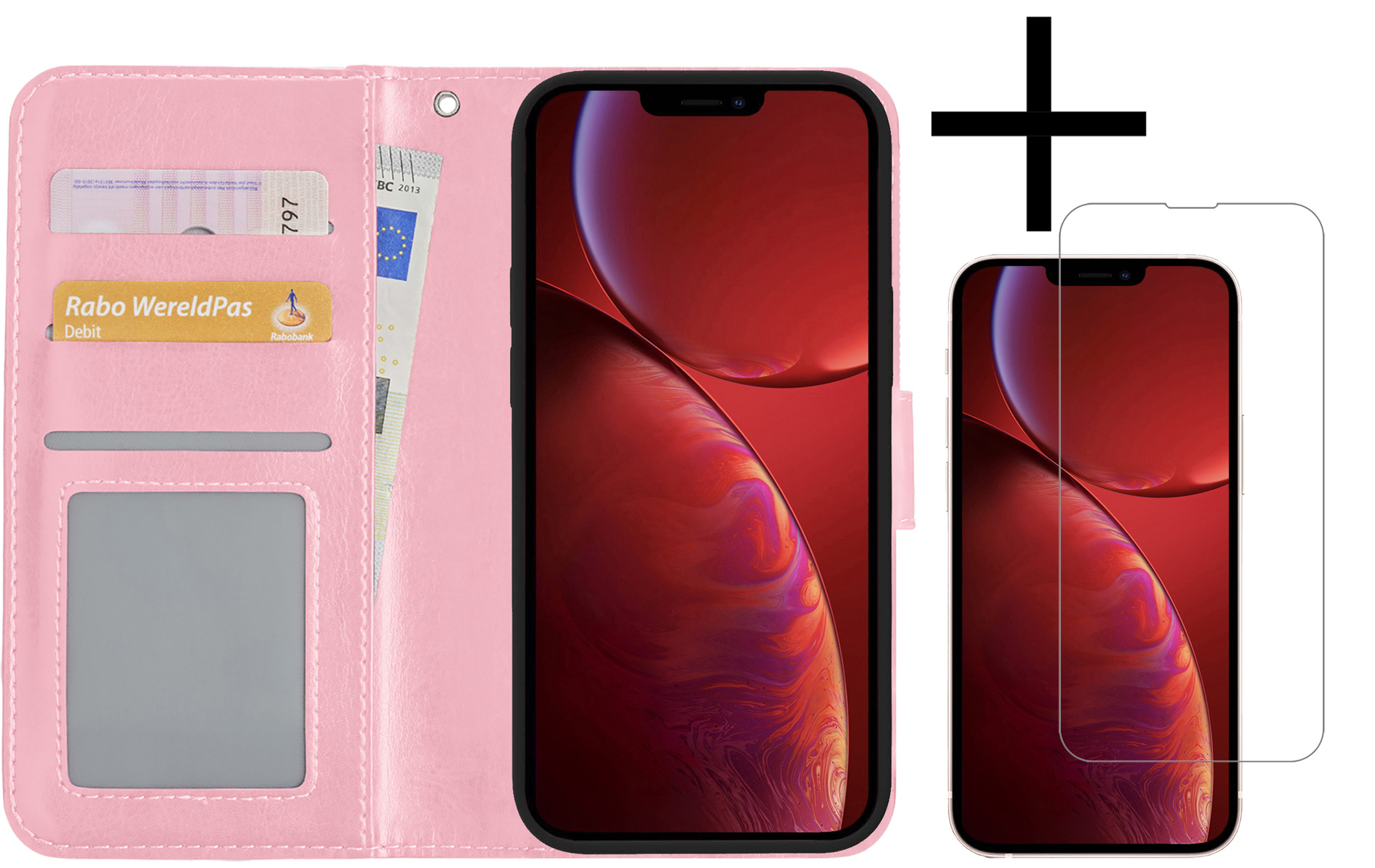 NoXx Hoes Geschikt voor iPhone 14 Hoesje Book Case Hoes Flip Cover Wallet Bookcase Met Screenprotector - Lichtroze