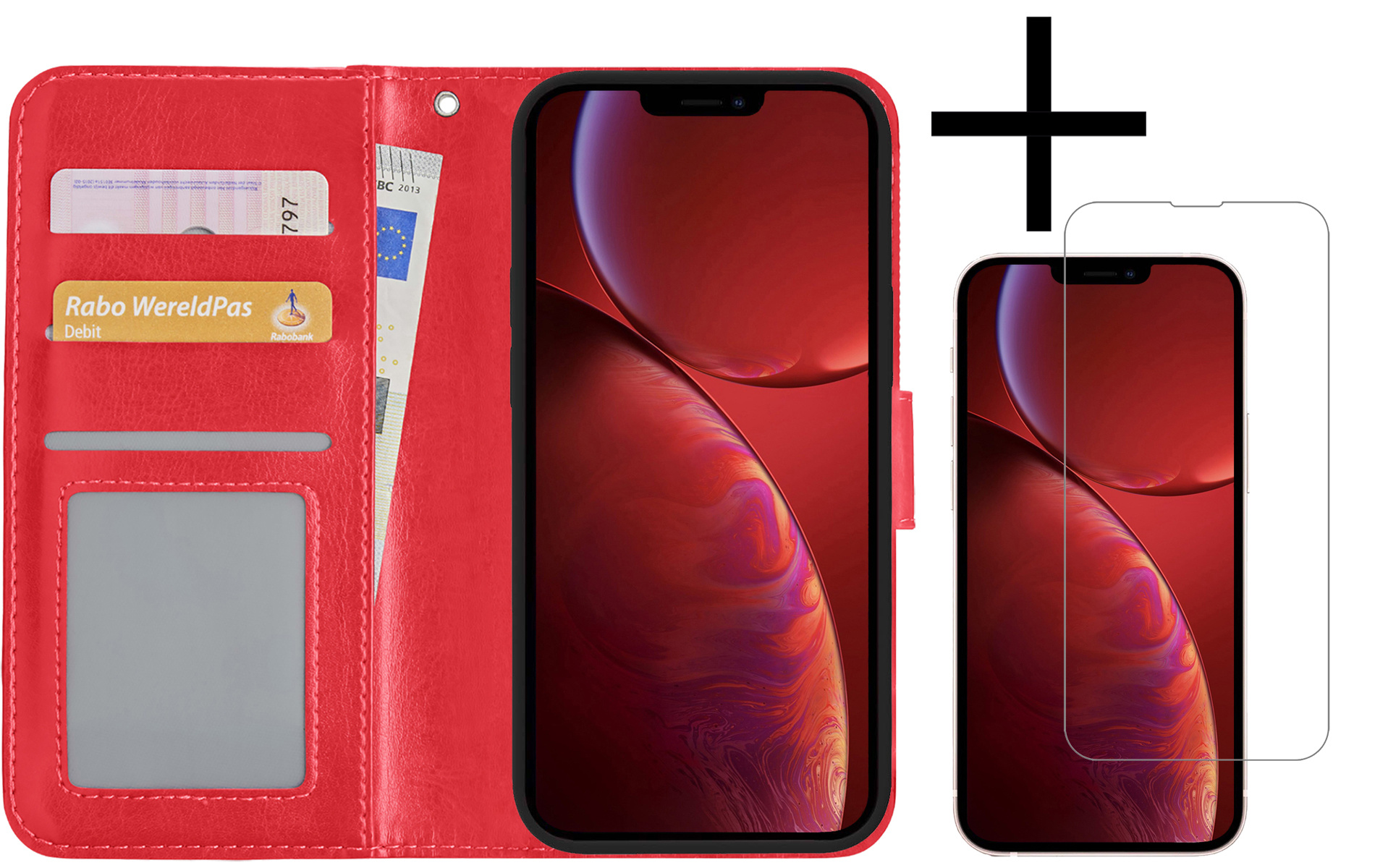 NoXx Hoes Geschikt voor iPhone 14 Hoesje Book Case Hoes Flip Cover Wallet Bookcase Met Screenprotector - Rood