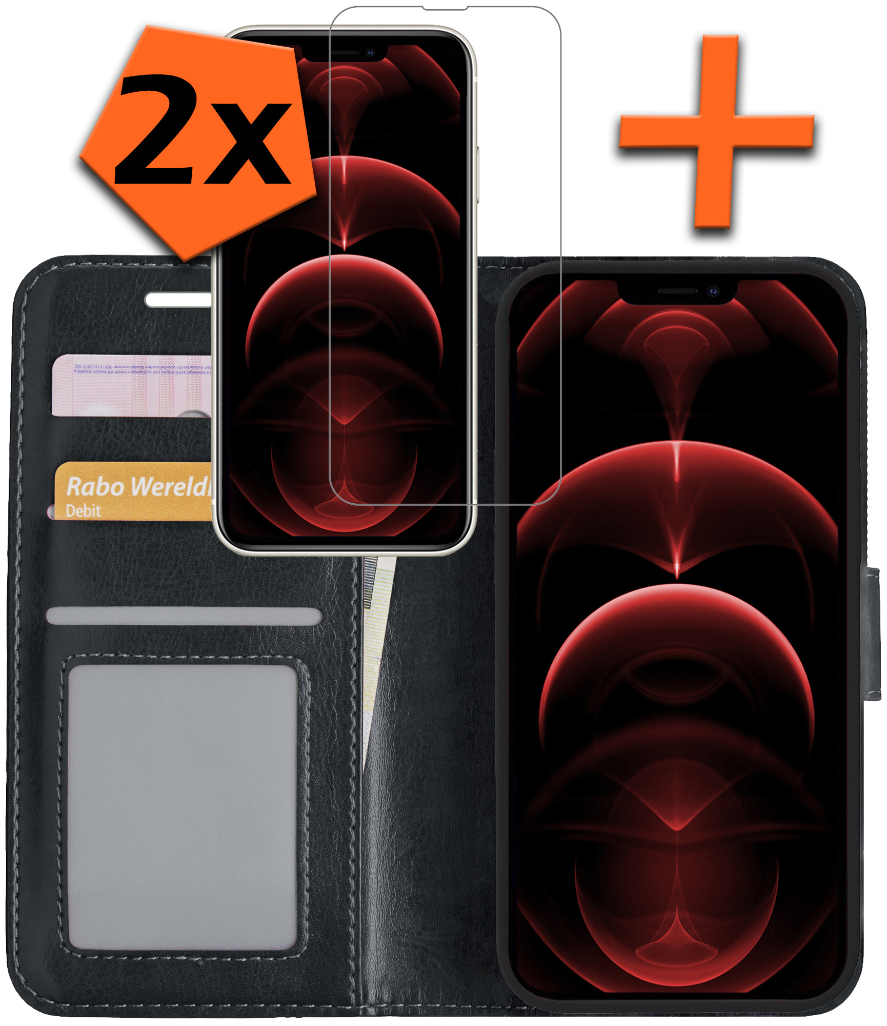 Nomfy Hoesje Geschikt voor iPhone 14 Plus Hoes Bookcase Flipcase Book Cover Met 2x Screenprotector - Hoes Geschikt voor iPhone 14 Plus Hoesje Book Case - Zwart