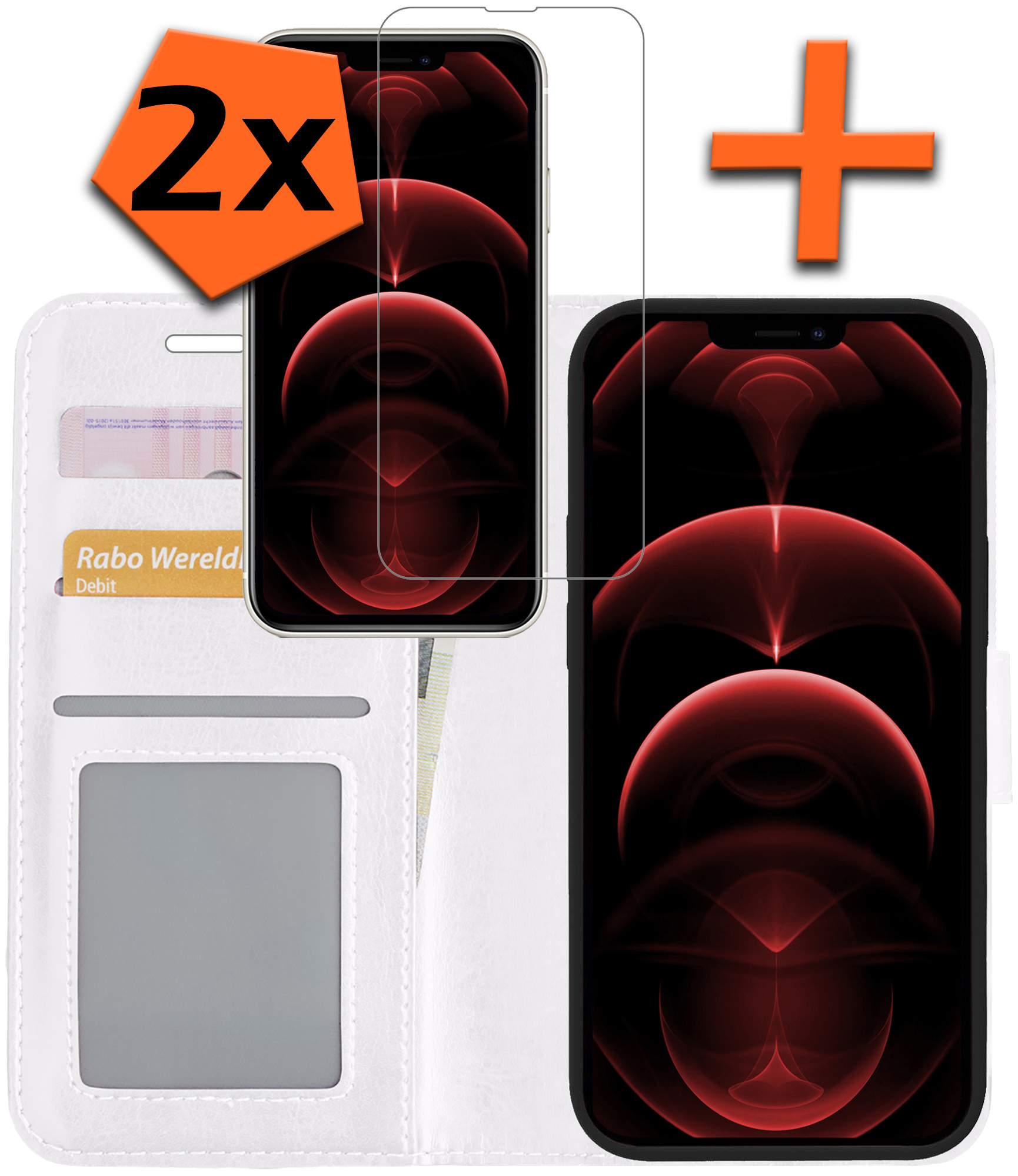 Nomfy Hoesje Geschikt voor iPhone 14 Plus Hoes Bookcase Flipcase Book Cover Met 2x Screenprotector - Hoes Geschikt voor iPhone 14 Plus Hoesje Book Case - Wit