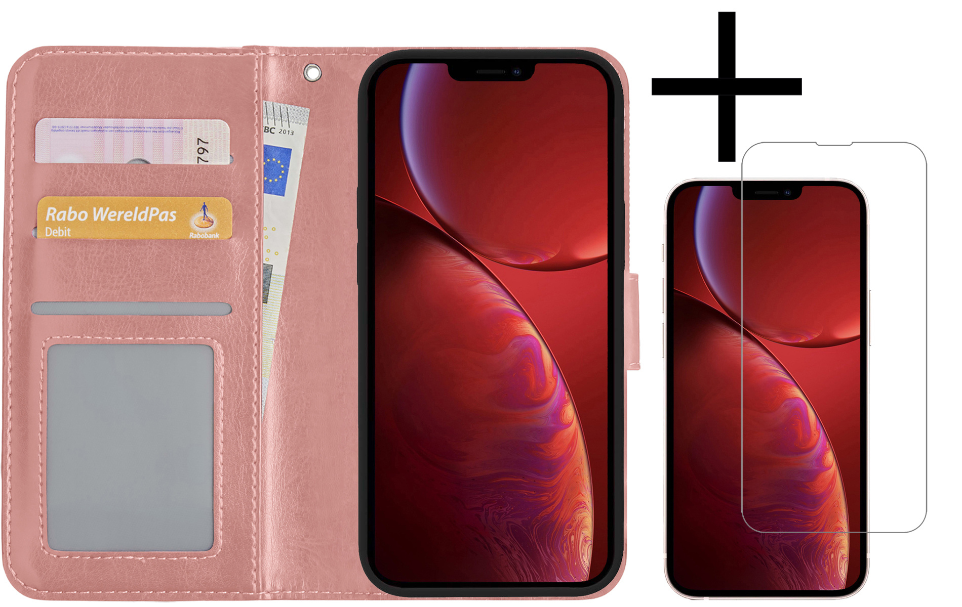 NoXx Hoes Geschikt voor iPhone 14 Hoesje Book Case Hoes Flip Cover Wallet Bookcase Met Screenprotector - Rosé goud